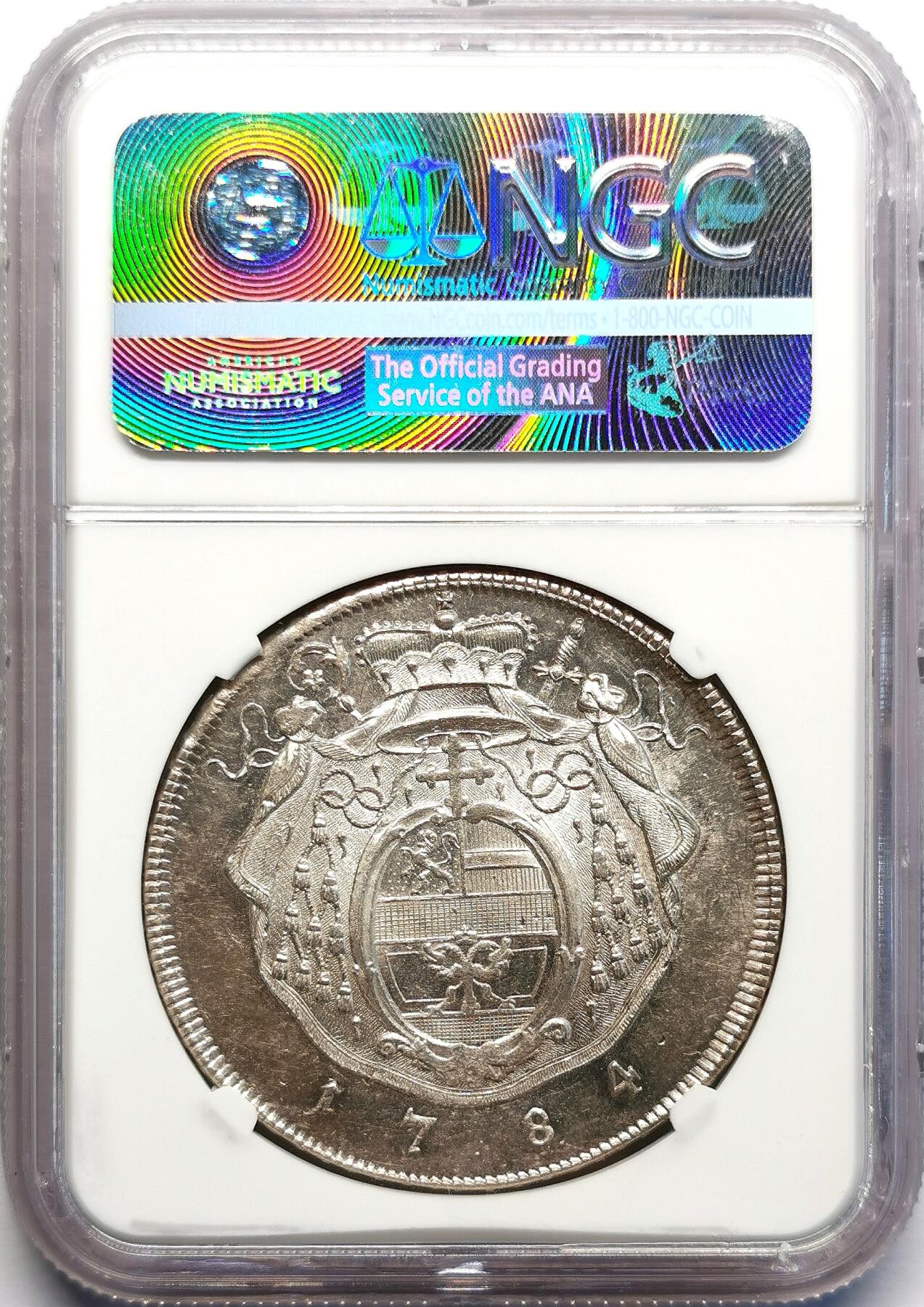 凡希社世界钱币微拍第二百七十一期 1784萨尔茨堡亲王大主教希罗尼穆斯泰勒大银NGC-MS61，椭圆盾徽，原银光质感一流！