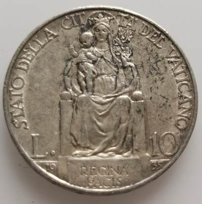 六一儿童节外国大银币专场（中拍皆有赠品），全场（新疆、西藏、港澳台除外）包邮，发货自带纸夹或圆盒防止磕碰 - 梵蒂冈1935年圣母报婴10里拉银币