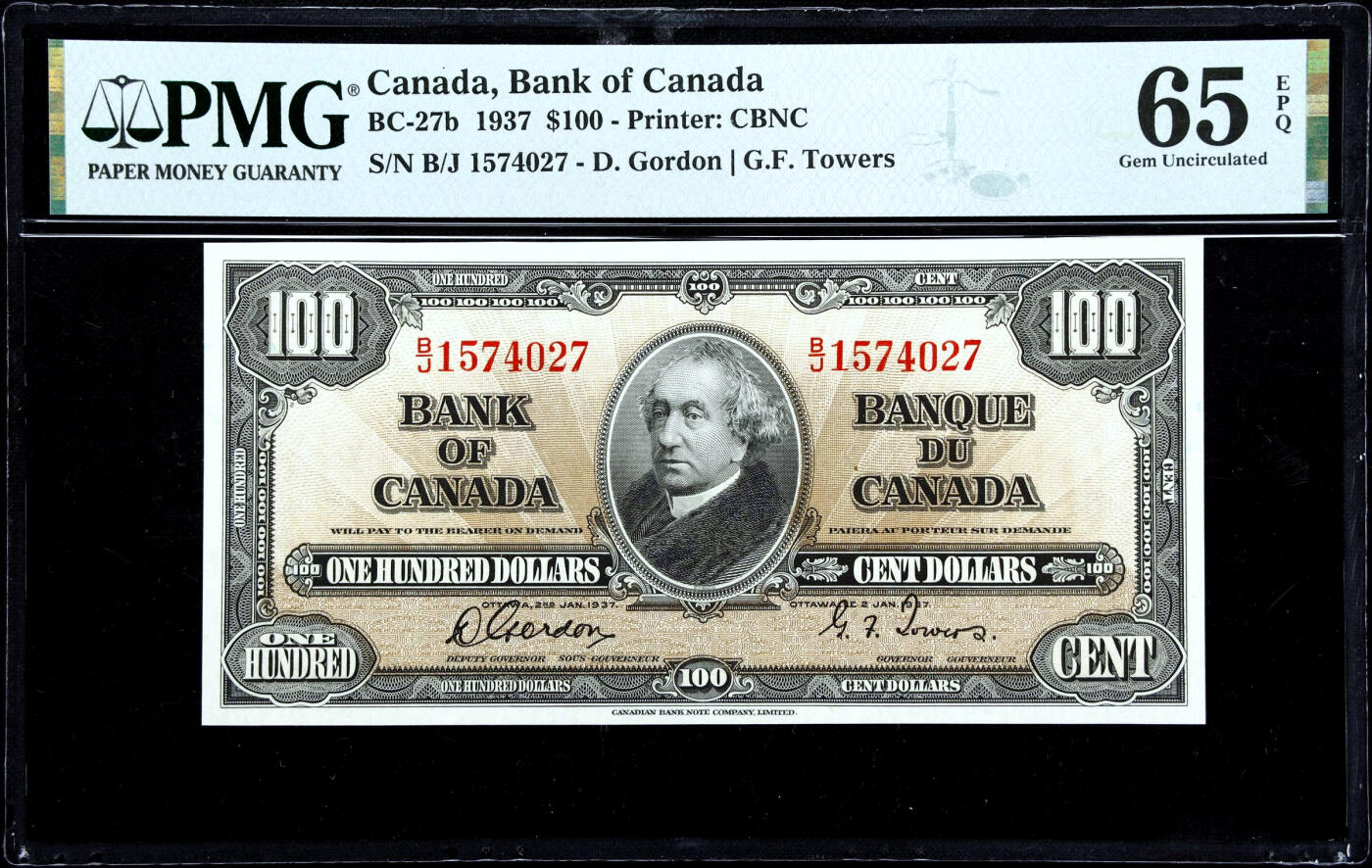 【Blue Auction】✨世界纸币精拍第486期【精】 【亚军分少见】加拿大 1937年100元 乔六套次高值 老壳子 加拿大国父——约翰·亚历山大·麦克唐纳 凑套必备 PMG65EPQ 绝品状态佳 雕刻精美