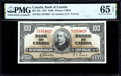 【Blue Auction】✨世界纸币精拍第486期【精】 - 【亚军分少见】加拿大 1937年100元 乔六套次高值 老壳子 加拿大国父——约翰·亚历山大·麦克唐纳 凑套必备 PMG65EPQ 绝品状态佳 雕刻精美