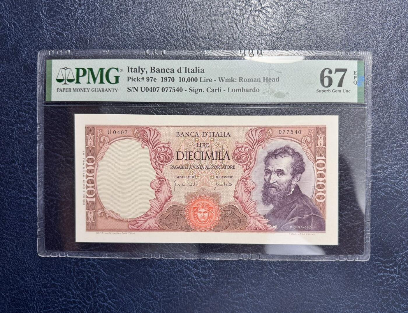 收藏联盟Quantum Auction 第350期拍卖  意大利1970年10000里拉 PMG67 米开朗基罗