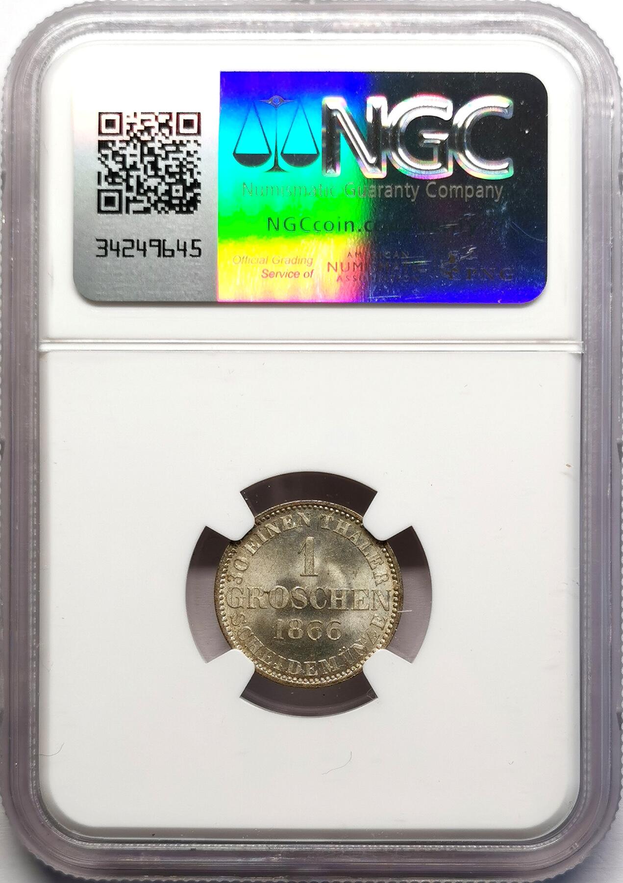 凡希社世界钱币微拍第二百七十一期 1866B德国汉诺威飞马1格罗申银辅币NGC-MS65，高分顶级品！