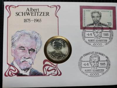 道一币馆币章第六十八场 - 德国1985年邮币封  含1975年著名学者史怀哲诞辰百年5马克银币 