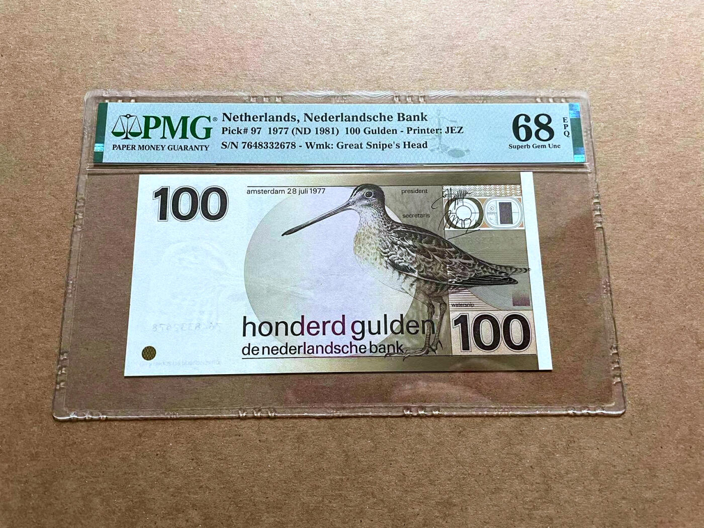 【Blue Auction】✨世界纸币精拍第486期【精】 荷兰 1977年100盾 水鸟 PMG68EPQ 超高分