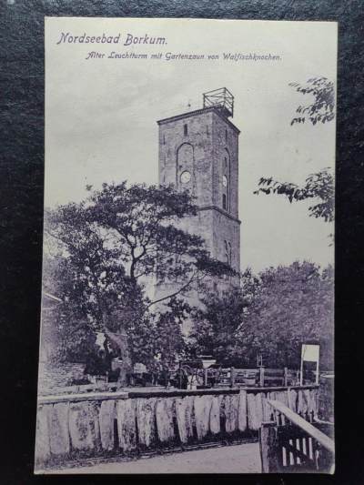 德国古典明信片-古老的灯塔，有鲸鱼骨头的花园栅栏