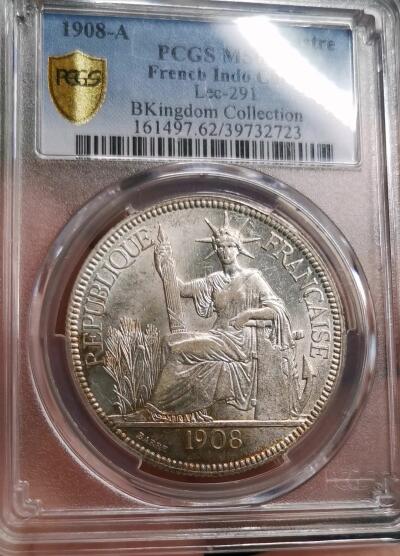 凡希社世界钱币微拍第二百七十一期 荐！1908A法属印度支那皮亚斯特大银PCGS-MS62，银光充沛的收藏级品相！