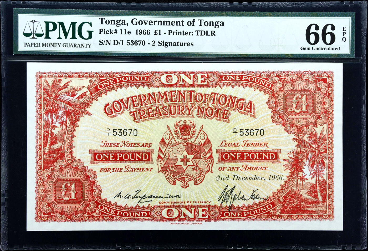 【Blue Auction】✨世界纸币精拍第486期【精】 【D/1冠】汤加 1966年1镑 设计精美 PMG66EPQ 