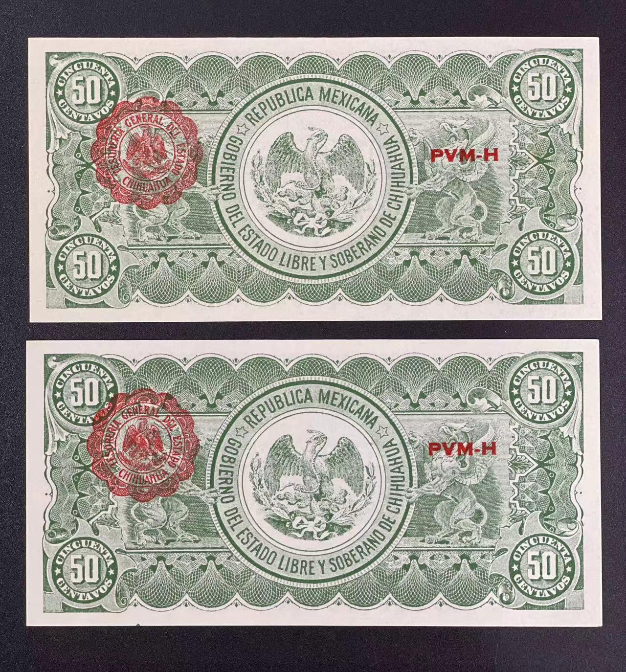 【Blue Auction】✨世界纸币精拍第486期【精】 【一组2张】墨西哥 奇瓦瓦洲 1914年 50分纸币 UNC 
