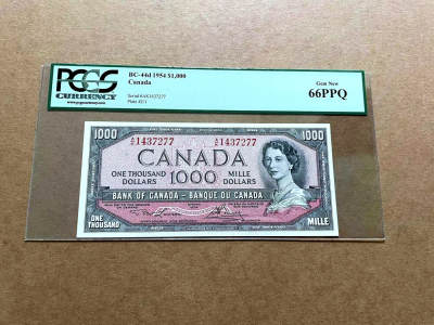 【Blue Auction】✨世界纸币精拍第486期【精】 - 加拿大 1954年1000元 最高值 早期女王 升值潜力巨大 四角尖尖状态佳  背面风景唯美 PCGS66EPQ 绿标 
