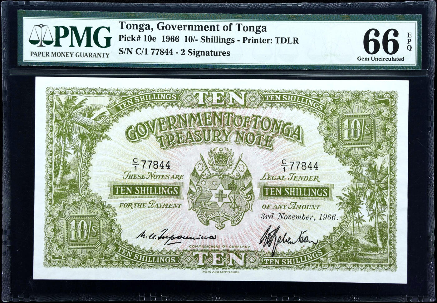 【Blue Auction】✨世界纸币精拍第486期【精】 【C/1冠】汤加 1966年10先令 设计精美 PMG66EPQ 