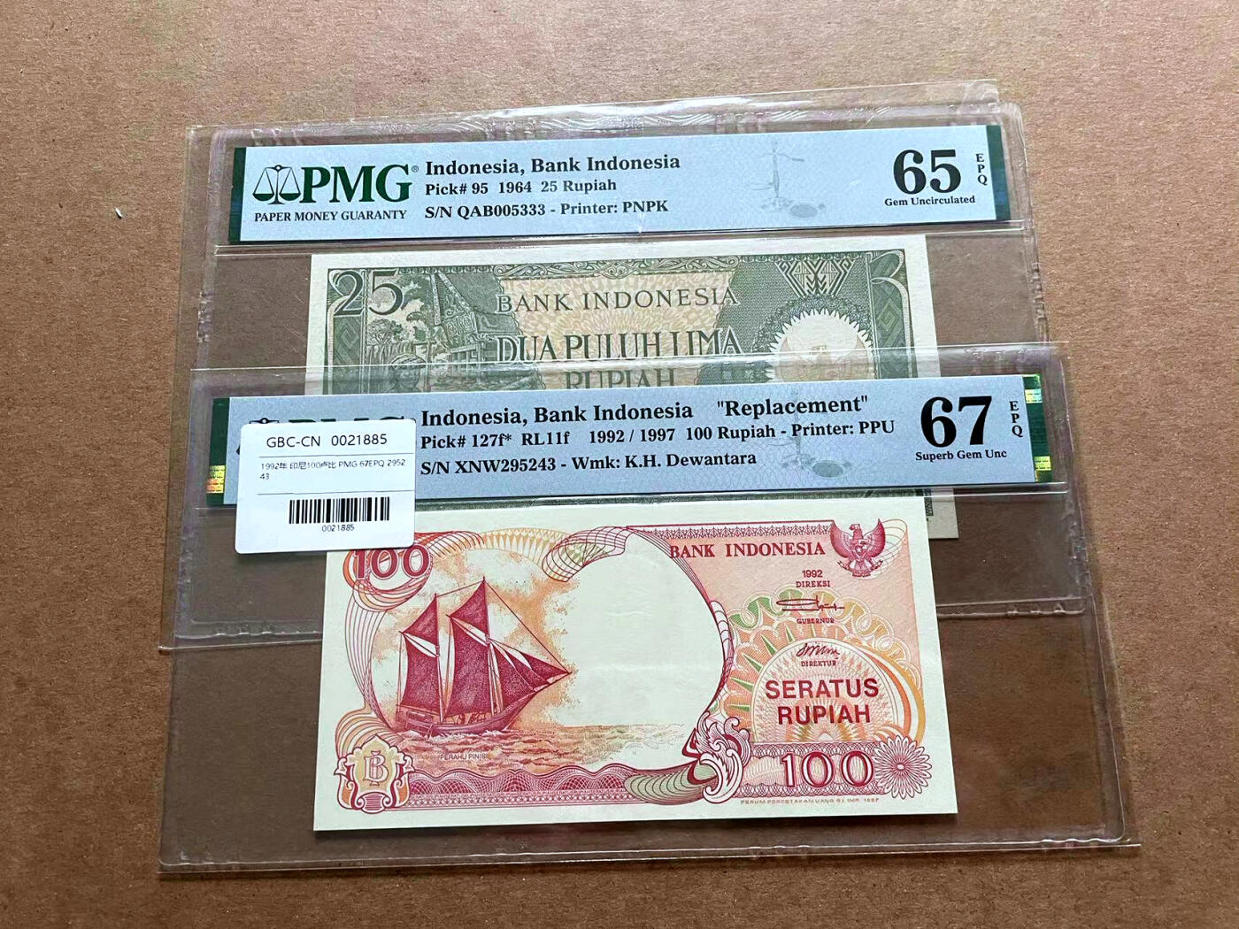 【Blue Auction】✨世界纸币精拍第486期【精】 【一组2张 含豹子号和补号】印尼 1964年25卢比 PMG65EPQ&1992年100卢比 PMG67EPQ 高分