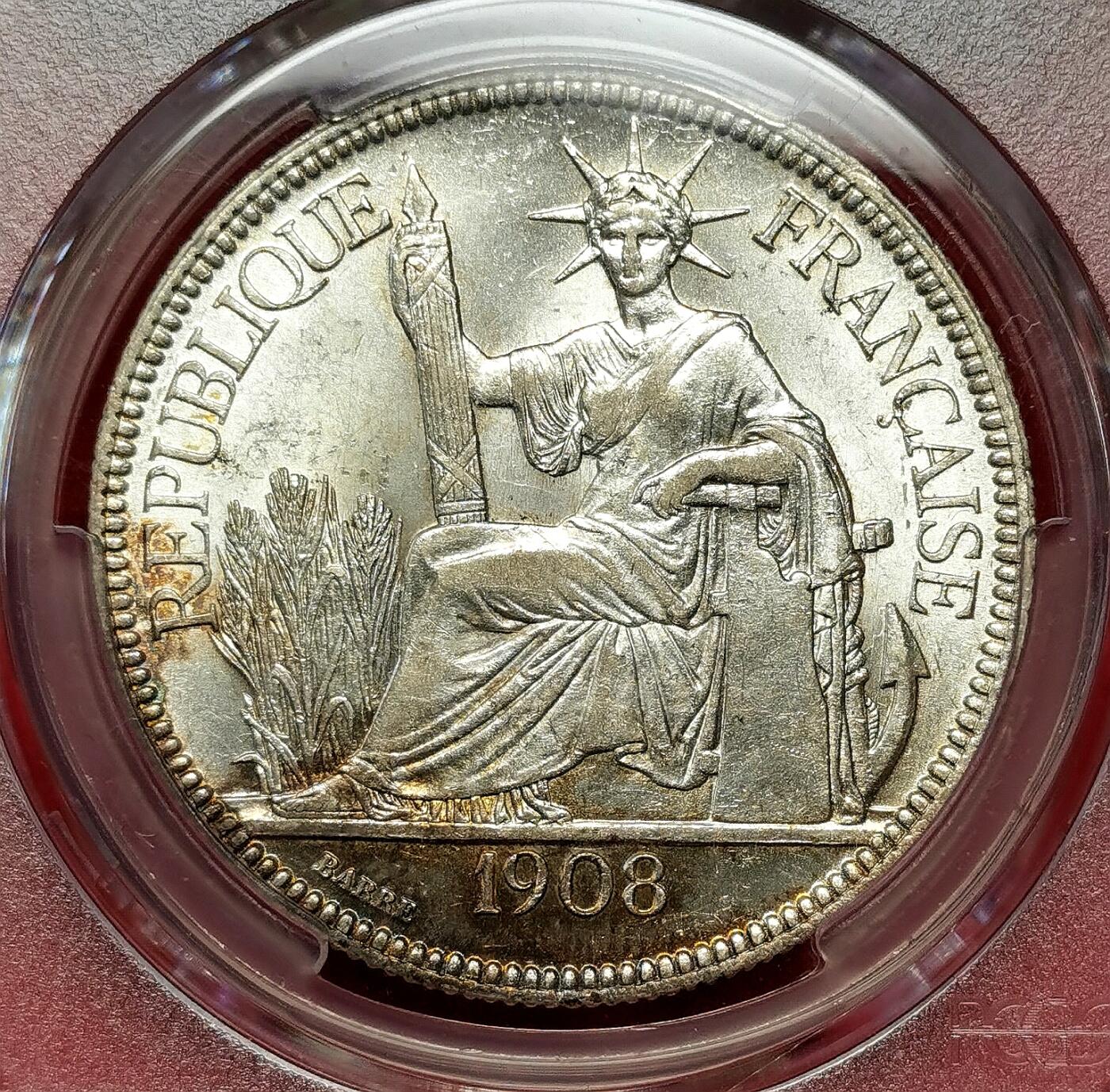 凡希社世界钱币微拍第二百七十一期 荐！1908A法属印度支那皮亚斯特大银PCGS-MS62，银光充沛的收藏级品相！