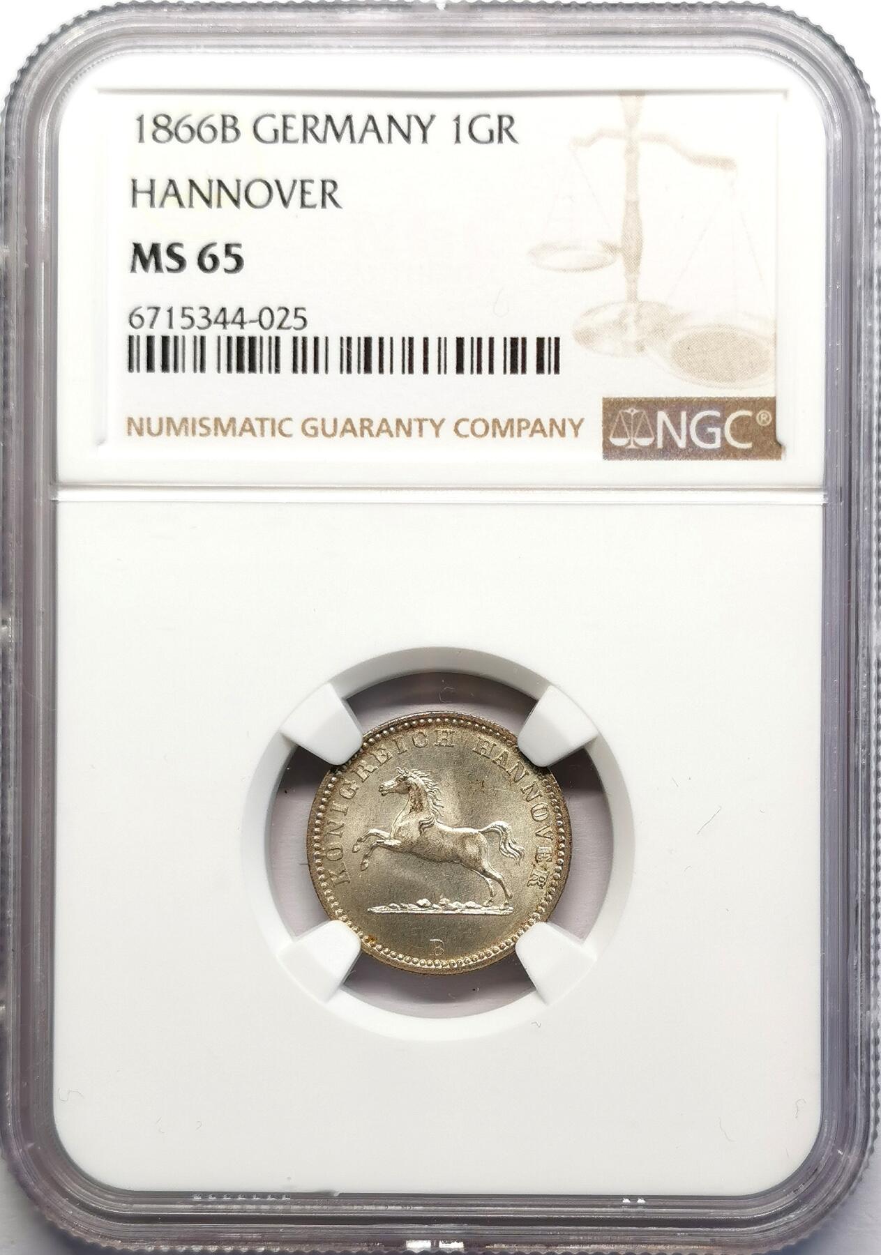 凡希社世界钱币微拍第二百七十一期 1866B德国汉诺威飞马1格罗申银辅币NGC-MS65，高分顶级品！