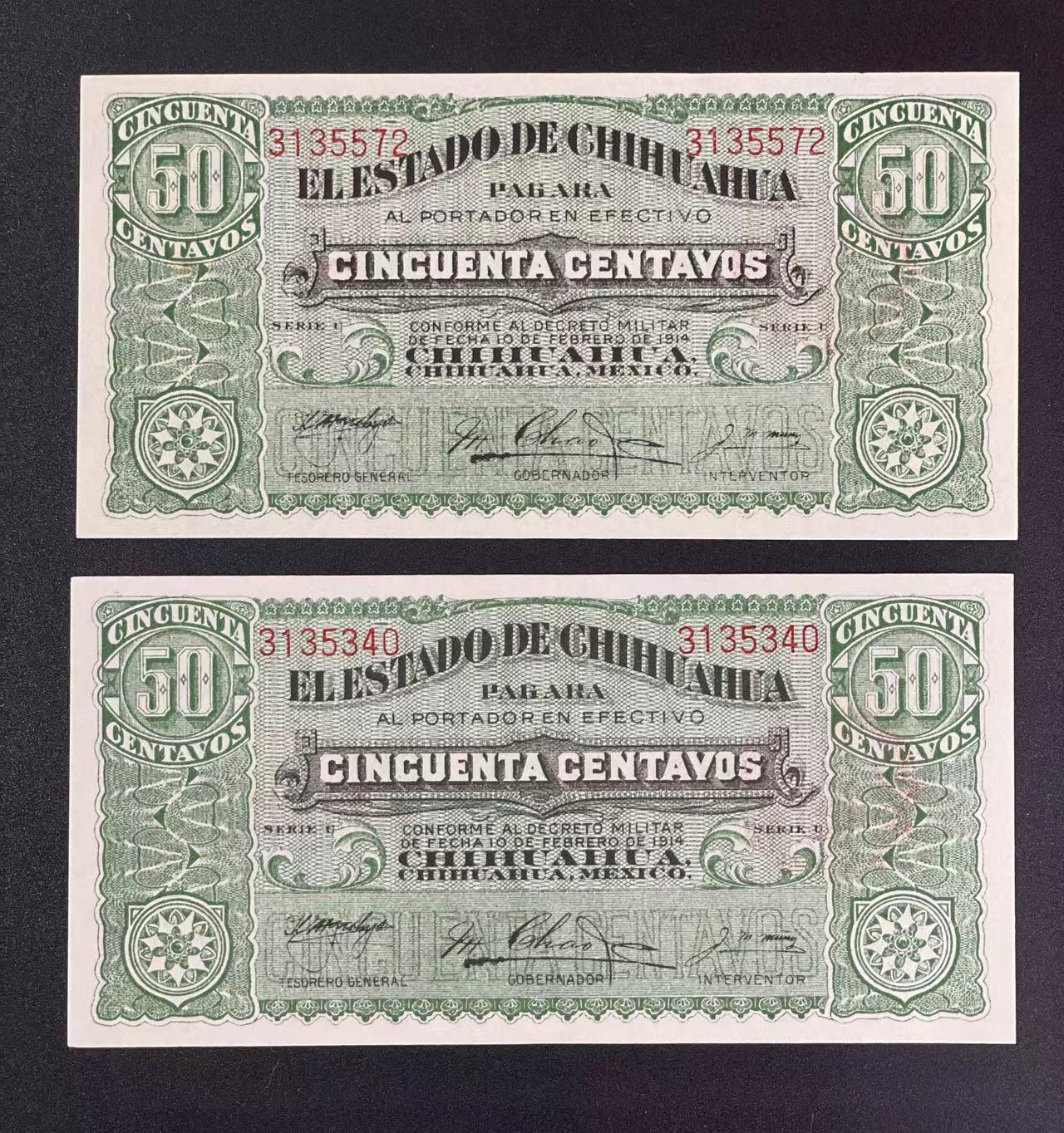 【Blue Auction】✨世界纸币精拍第486期【精】 【一组2张】墨西哥 奇瓦瓦洲 1914年 50分纸币 UNC 