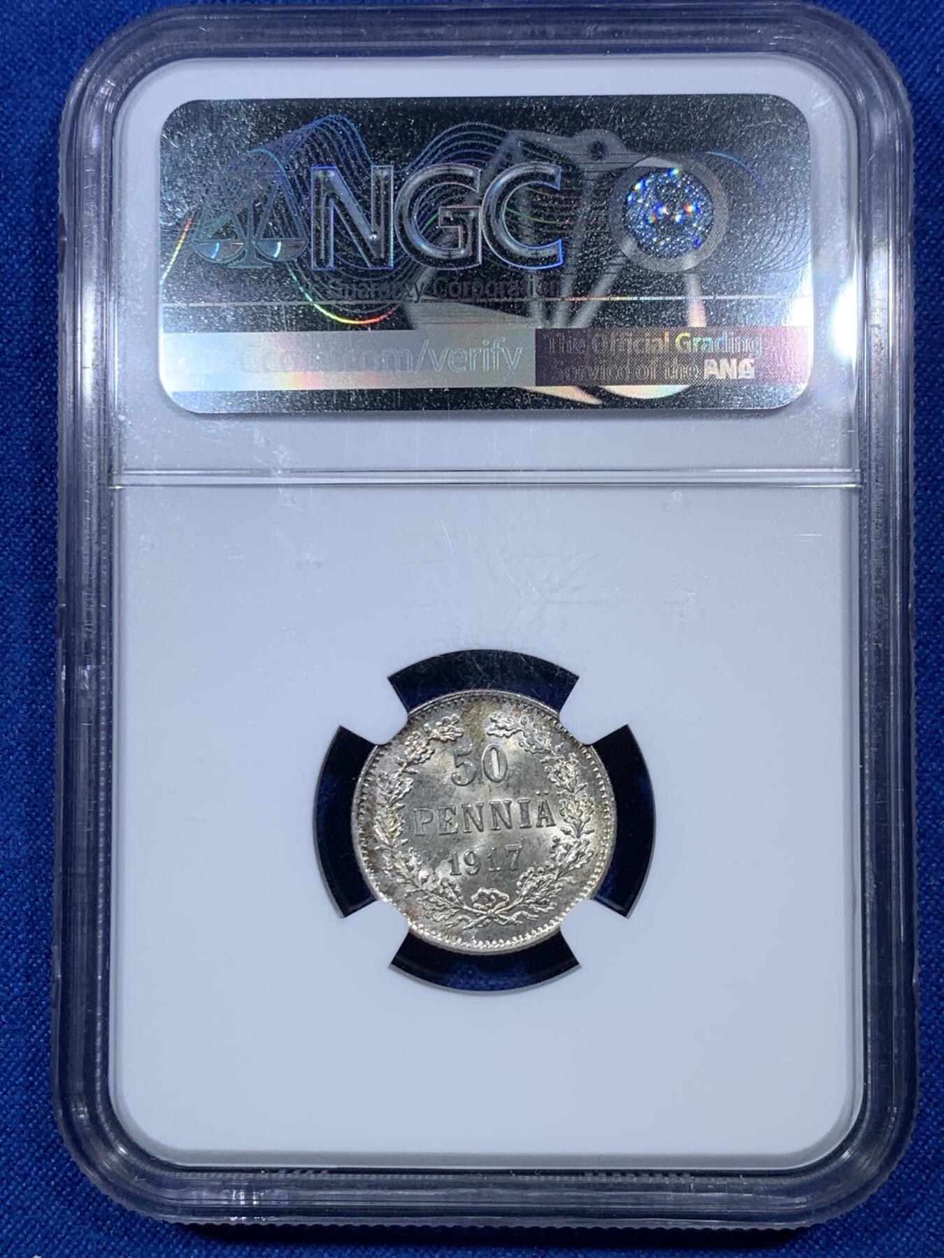 《竞宝斋》第275场- 周日，周一 2场连拍 （全场包邮） NGC MS64 芬兰 1917年 内战 50芬尼 银币