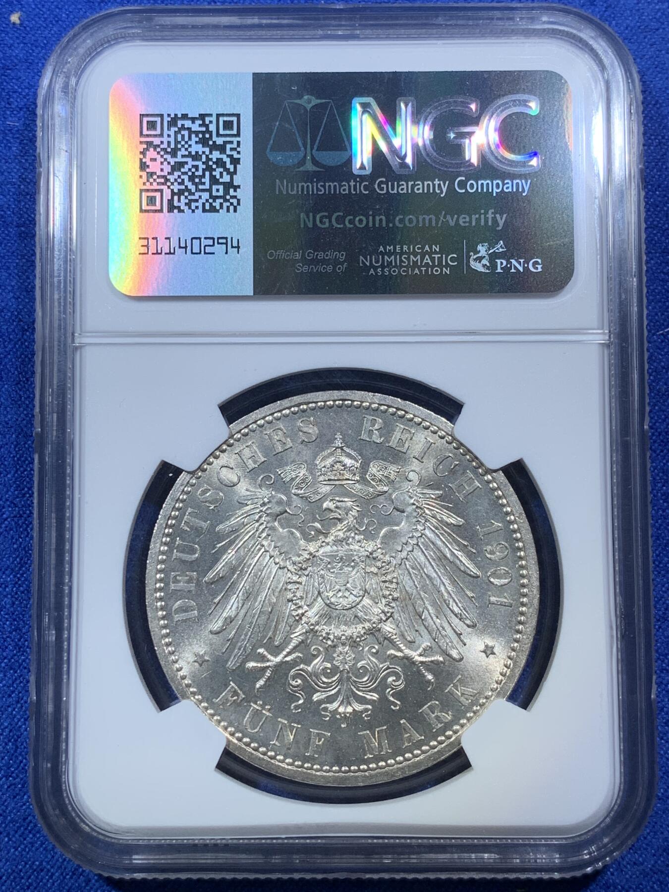 《竞宝斋》第275场- 周日，周一 2场连拍 （全场包邮） NGC MS64 德国 1901年 普鲁士建国200周年 5马克 银币 转光细节好