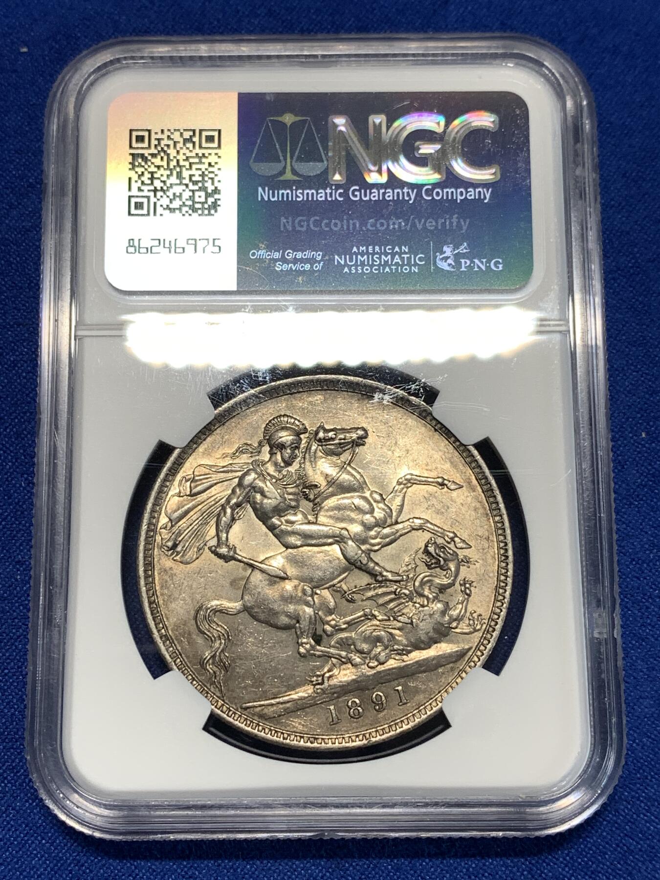 《竞宝斋》第275场- 周日，周一 2场连拍 （全场包邮） NGC AU53 英国1891年维多利亚高冠马剑克朗大银币