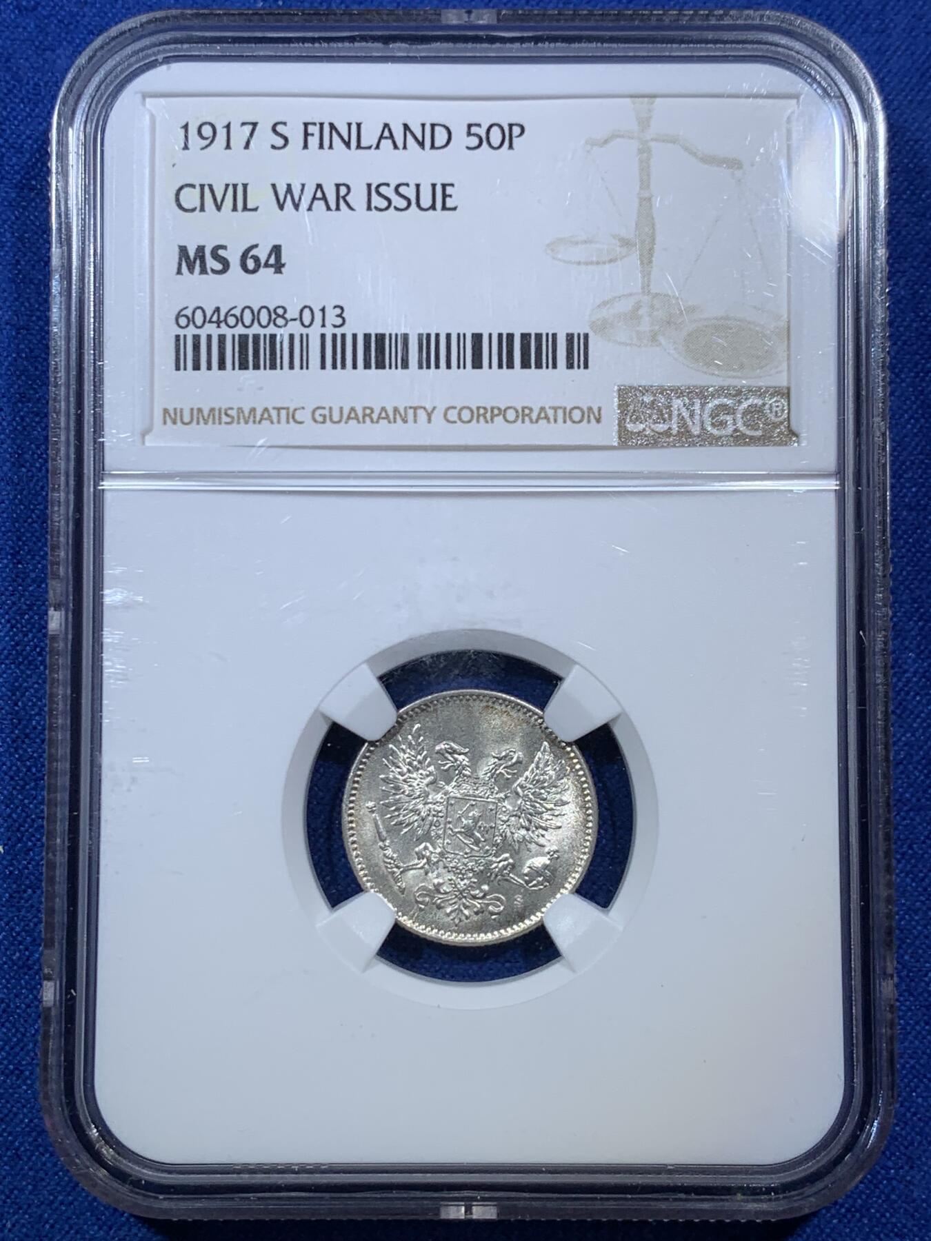 《竞宝斋》第275场- 周日，周一 2场连拍 （全场包邮） NGC MS64 芬兰 1917年 内战 50芬尼 银币