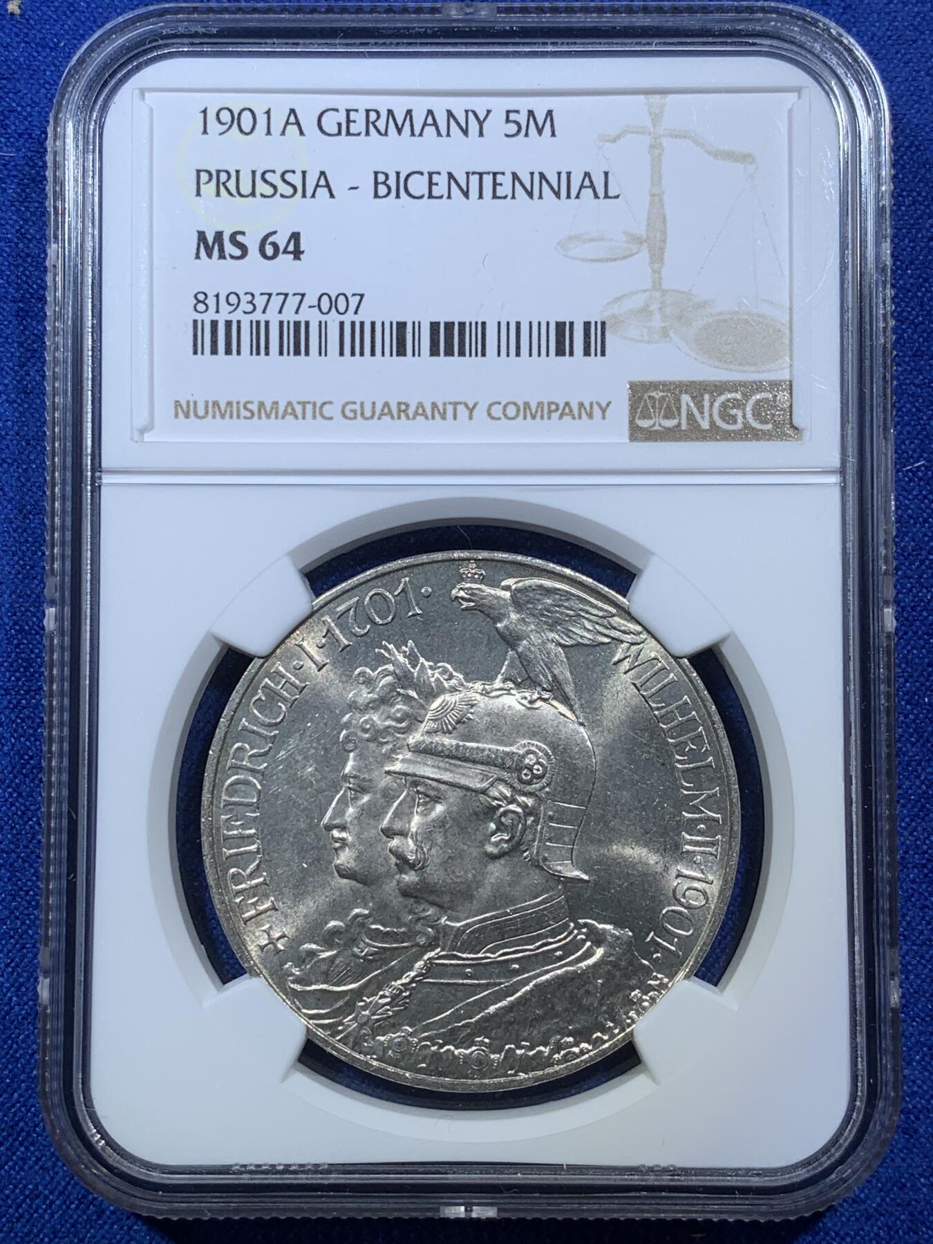 《竞宝斋》第275场- 周日，周一 2场连拍 （全场包邮） NGC MS64 德国 1901年 普鲁士建国200周年 5马克 银币 转光细节好