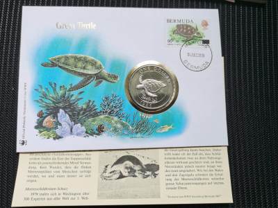 道一币馆币章第六十八场 - 邮币封 百慕大群岛1986年野生动物保护-绿海龟1元纪念币