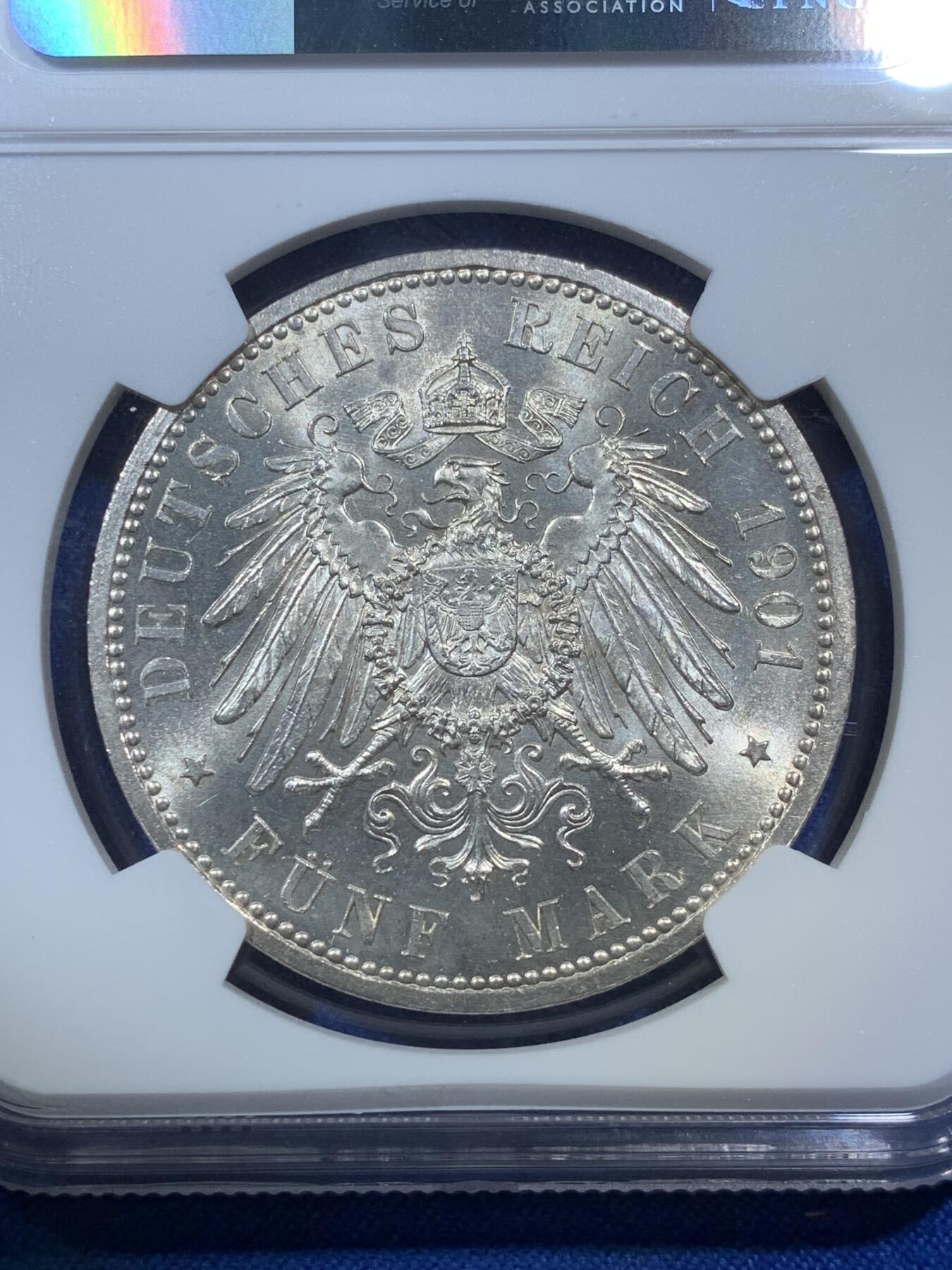 《竞宝斋》第275场- 周日，周一 2场连拍 （全场包邮） NGC MS64 德国 1901年 普鲁士建国200周年 5马克 银币 转光细节好