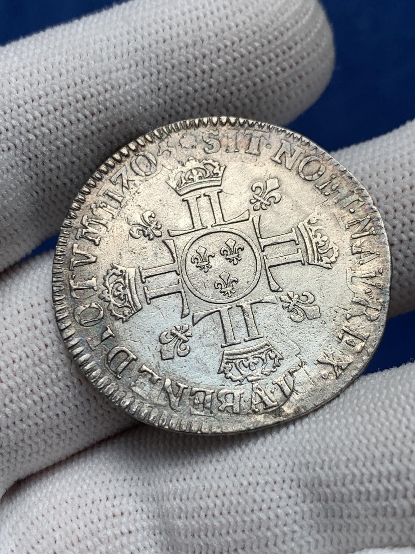 《竞宝斋》第276场- 周日，周一 2场连拍 （全场包邮） 法国 路易十四 太阳王  1705 半埃居银币 复打清晰 细节见图