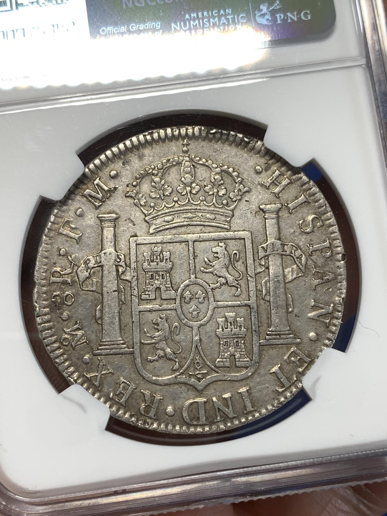 《竞宝斋》第276场- 周日，周一 2场连拍 （全场包邮） NGC XF 墨西哥1790年卡洛斯四世过渡版8里亚尔银币 卡三的人像配卡四的年号 币面深打 包浆醇厚 底板状态也不错 细节见图