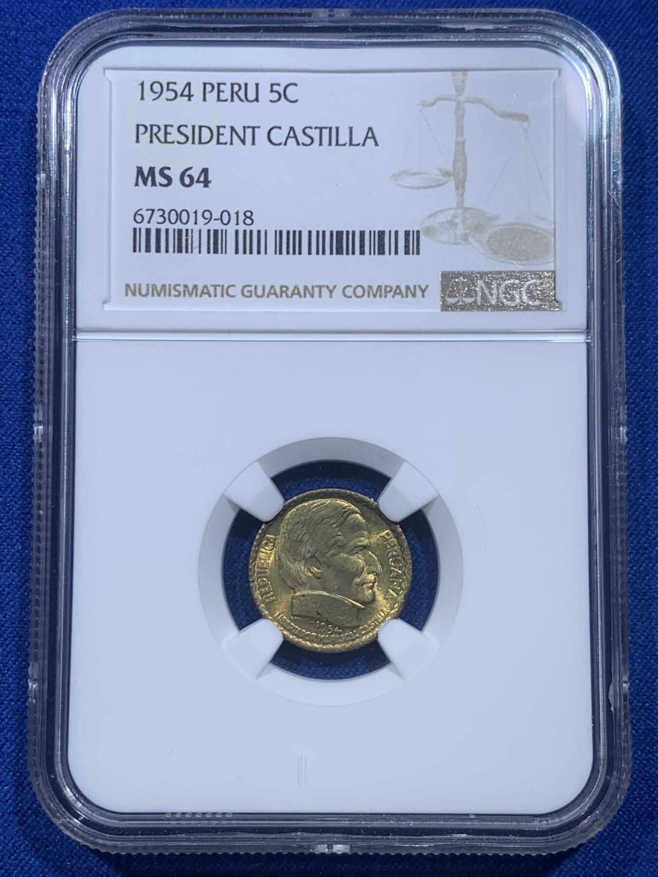 《竞宝斋》第276场- 周日，周一 2场连拍 （全场包邮） 3枚一组 NGC MS64/62/63 秘鲁1954年5分/10分/20分铜币