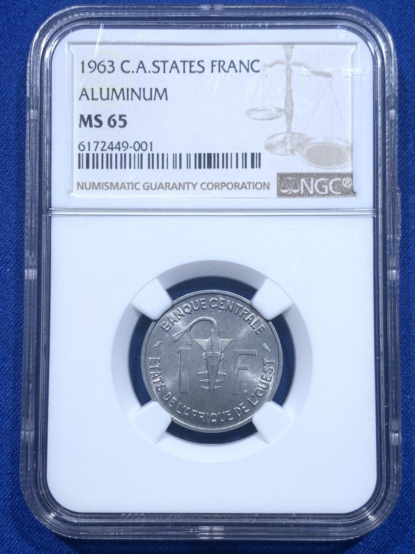 《竞宝斋》第276场- 周日，周一 2场连拍 （全场包邮） NGC MS65 西非联盟1963年1法郎铝币 高分少见