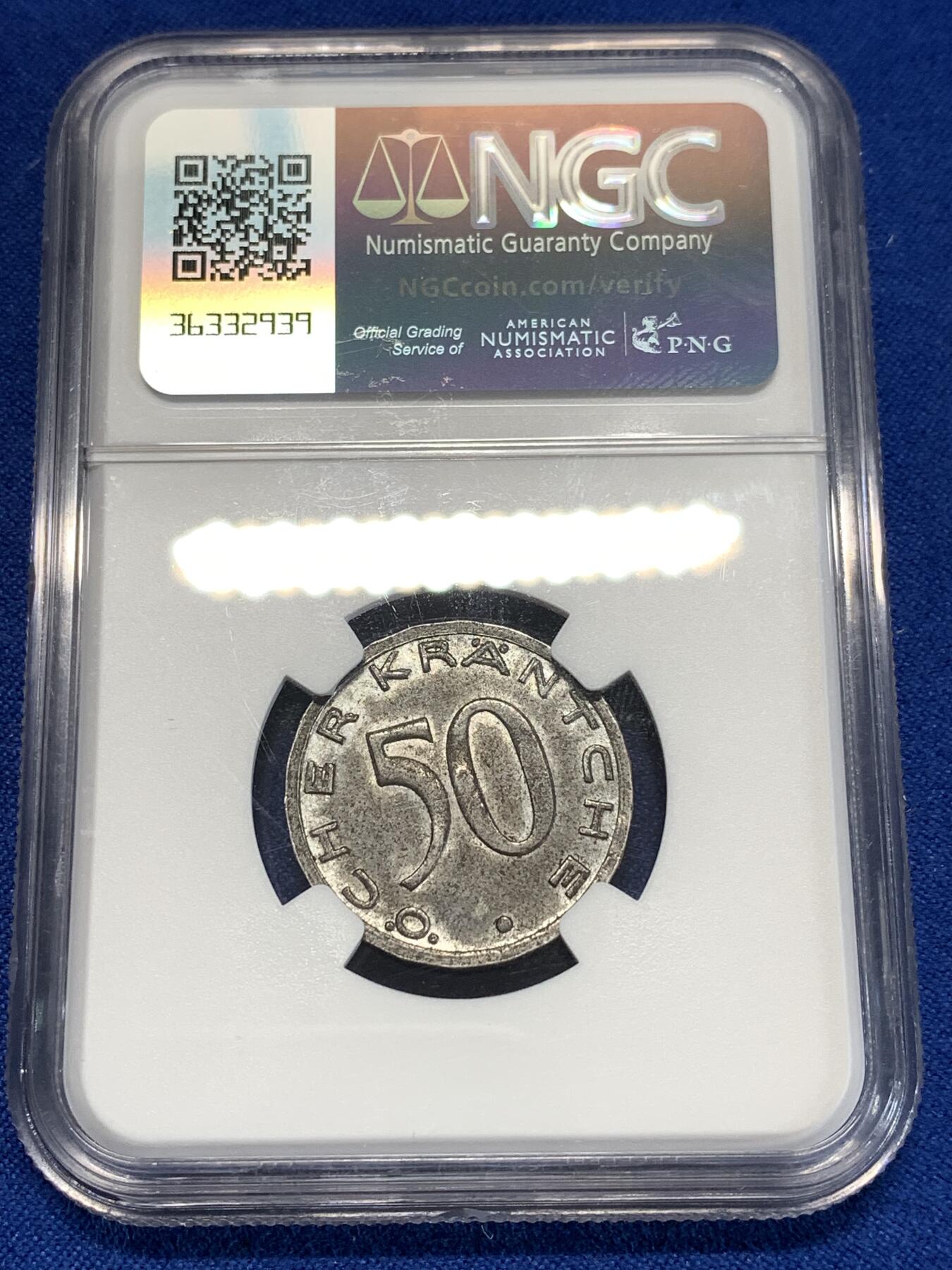 《竞宝斋》第276场- 周日，周一 2场连拍 （全场包邮） NGC MS62 德紧亚琛 1920年鹰头 50芬尼 铁币