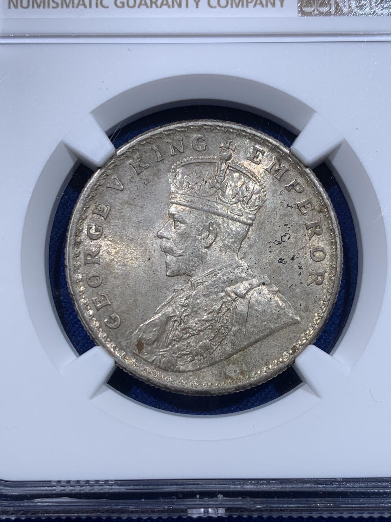 《竞宝斋》第276场- 周日，周一 2场连拍 （全场包邮） NGC MS64 英属印度1917C乔治五世银卢比，原味淡彩，非白币可比。高分稀少，更高分仅6枚。英系+亚殖主币，高分潜力品种