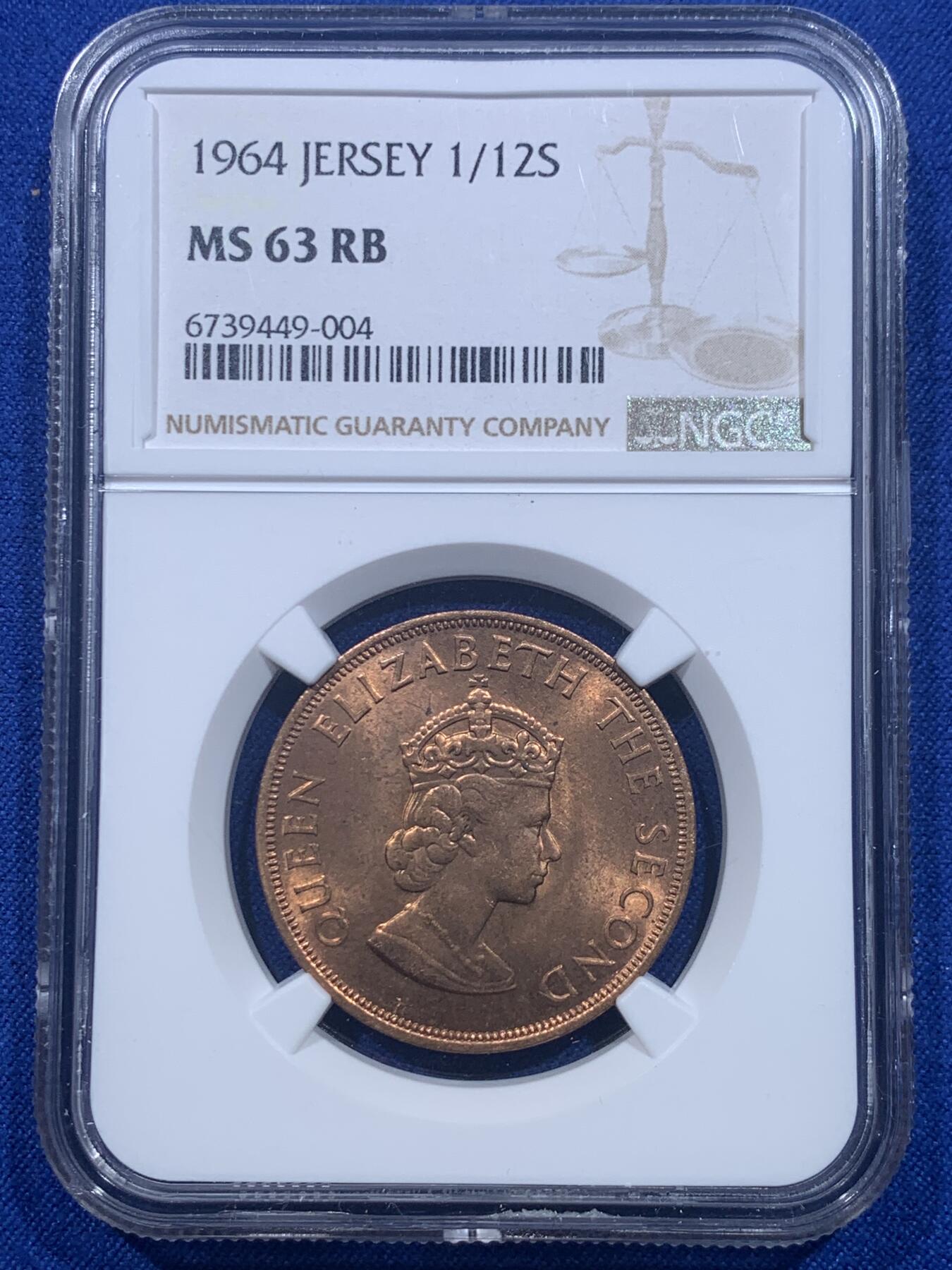 《竞宝斋》第276场- 周日，周一 2场连拍 （全场包邮） NGC MS63RB 英属泽西岛1/12S铜币 铜光漂亮