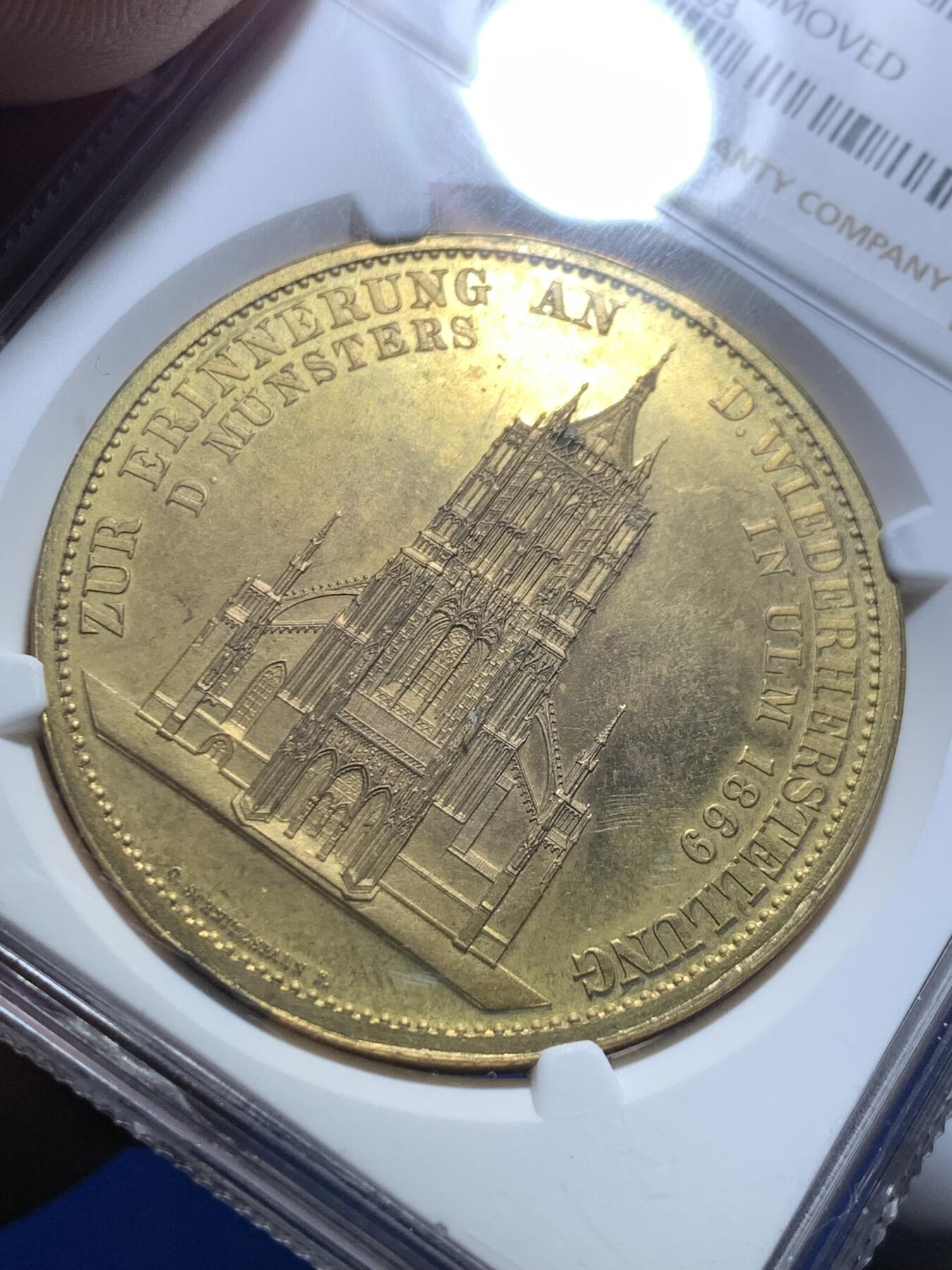 《竞宝斋》第276场- 周日，周一 2场连拍 （全场包邮） NGC UNC 德国1923年乌尔姆教堂修复纪念铜章 一面和教堂泰勒同款 PL底板 状态非常好