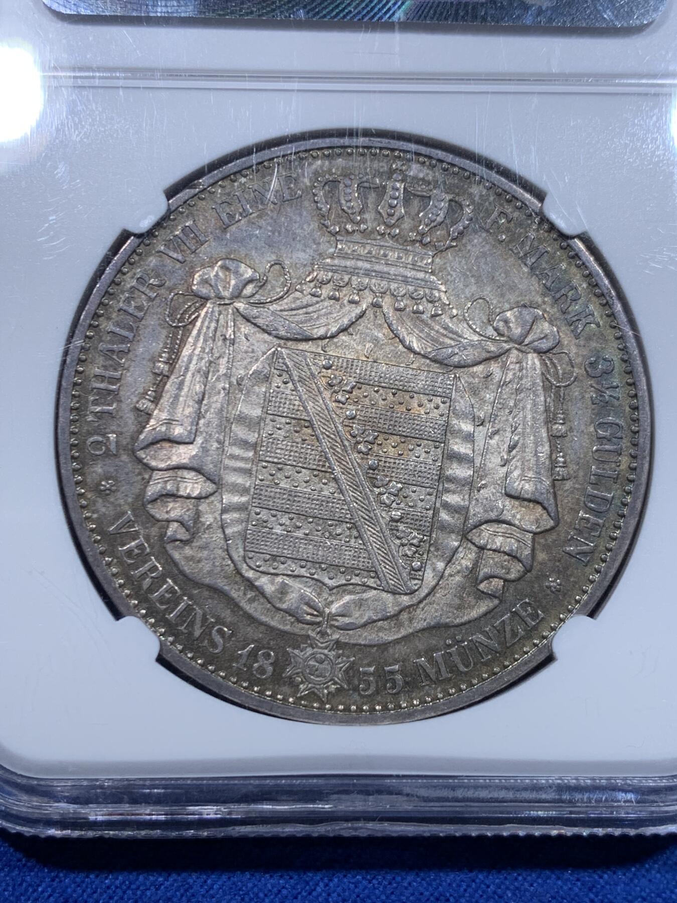 《竞宝斋》第276场- 周日，周一 2场连拍 （全场包邮） NGC MS61 德国 1855萨克森流通纹章2泰勒 约翰五世2泰勒的首年，37克大银币，两年发行品种，NGC亚军分，包浆好看