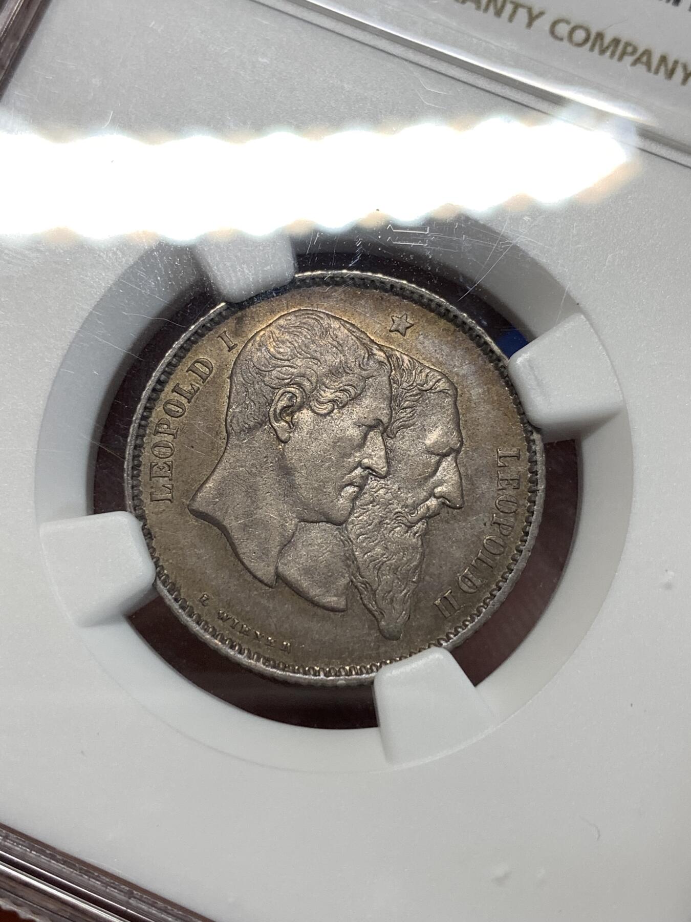 《竞宝斋》第276场- 周日，周一 2场连拍 （全场包邮） NGC AU53 比利时1880年建国50周年纪念1法郎银币，数量较少