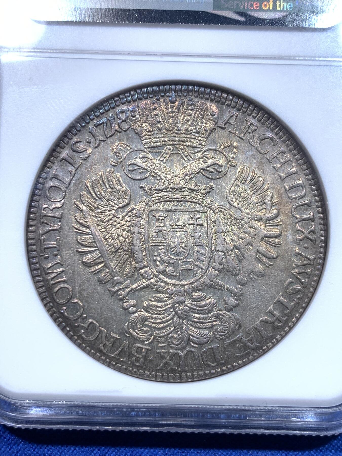 《竞宝斋》第276场- 周日，周一 2场连拍 （全场包邮） NGC MS62 神圣罗马帝国 1718/7年 查理六世泰勒骑字版大银币 奥地利大波浪神罗泰勒 彩金包浆 稀少骑字版。全网唯一骑字亚军分，上面就一个63分。