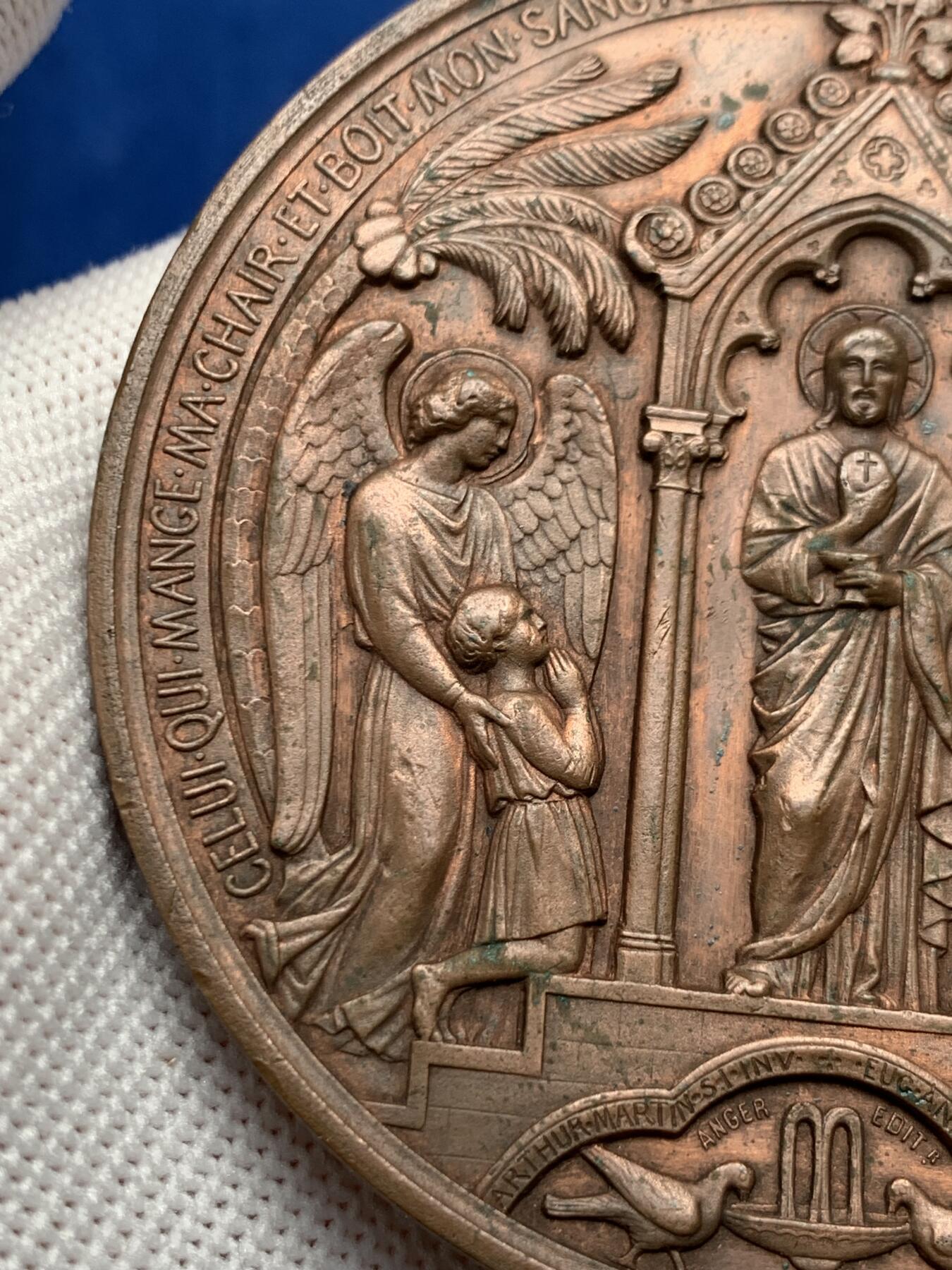 《竞宝斋》第276场- 周日，周一 2场连拍 （全场包邮） 法国1874年洗礼铜章 160.5g 69.5mm 铜标边铭