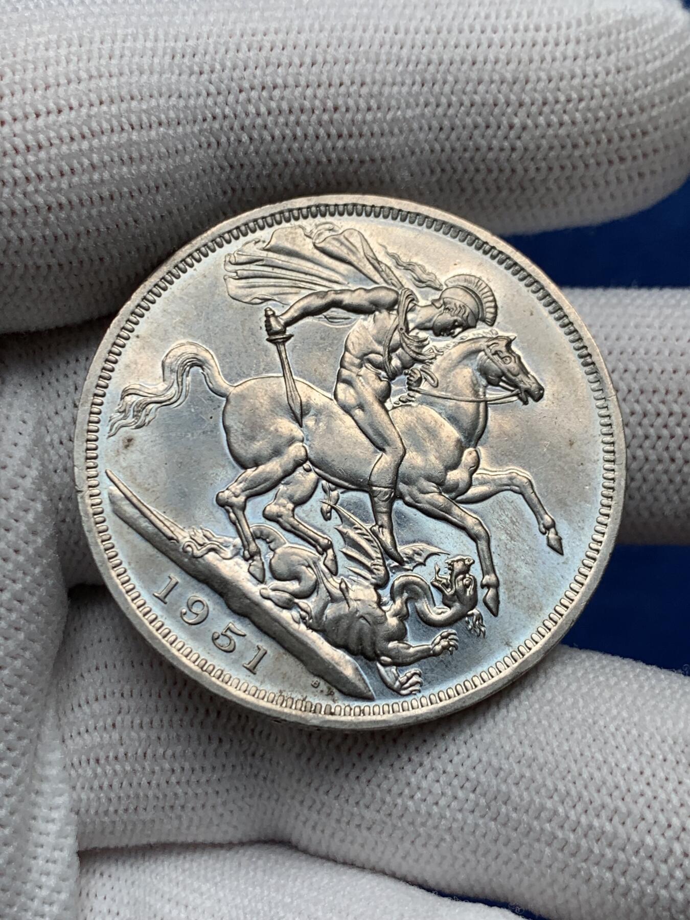 《竞宝斋》第276场- 周日，周一 2场连拍 （全场包邮） 两枚一组 英国 1951 乔治六世马剑克朗（5先令） 镍马剑