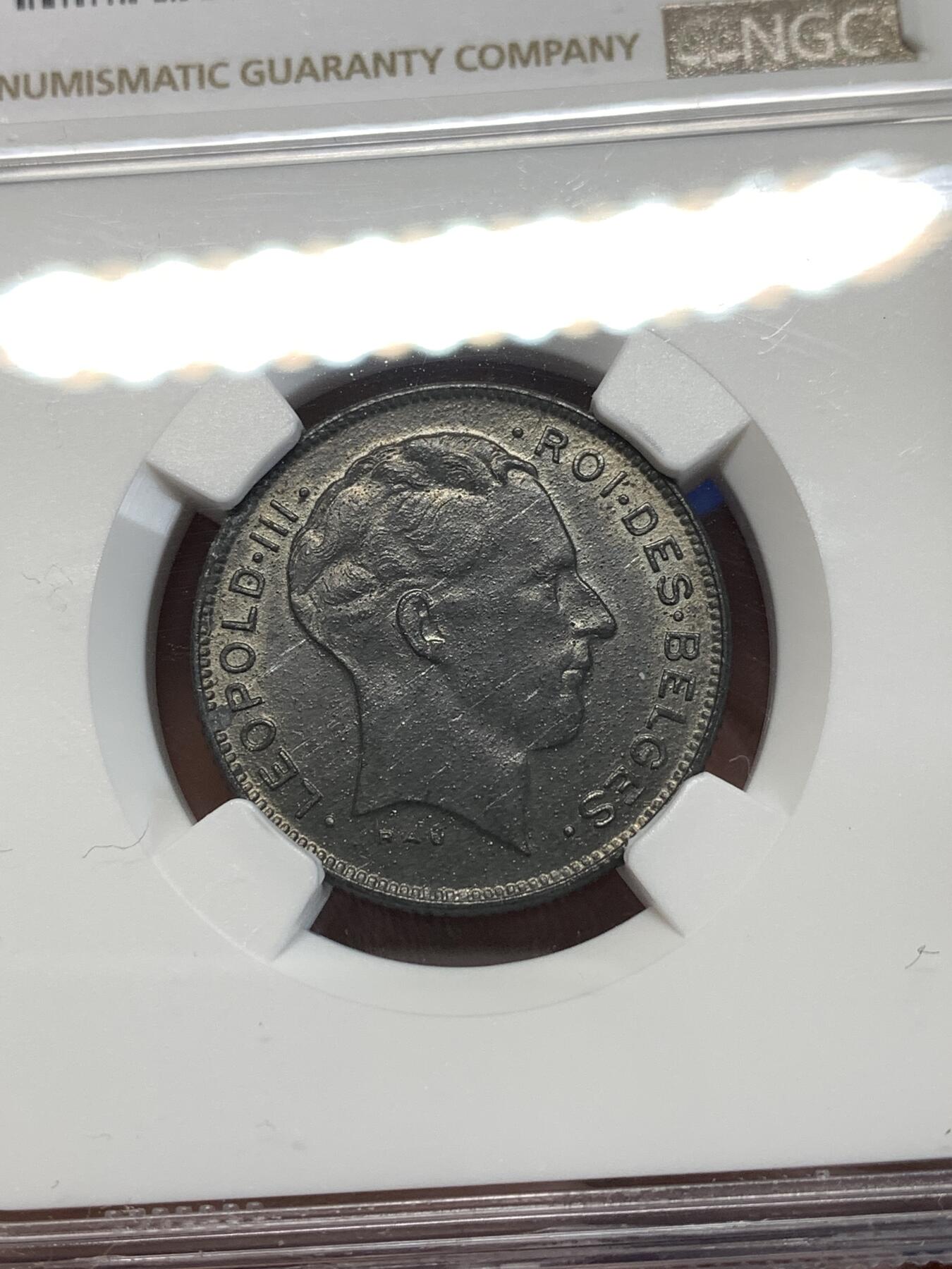 《竞宝斋》第276场- 周日，周一 2场连拍 （全场包邮） NGC MS62 比利时1941年利奥波德三世国王5法郎锌币