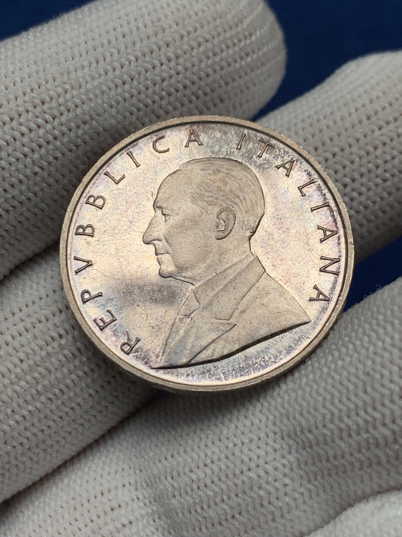 《竞宝斋》第276场- 周日，周一 2场连拍 （全场包邮） 1974年古列尔莫·马可尼诞辰100周年500里拉银币 UNC自然带彩包浆