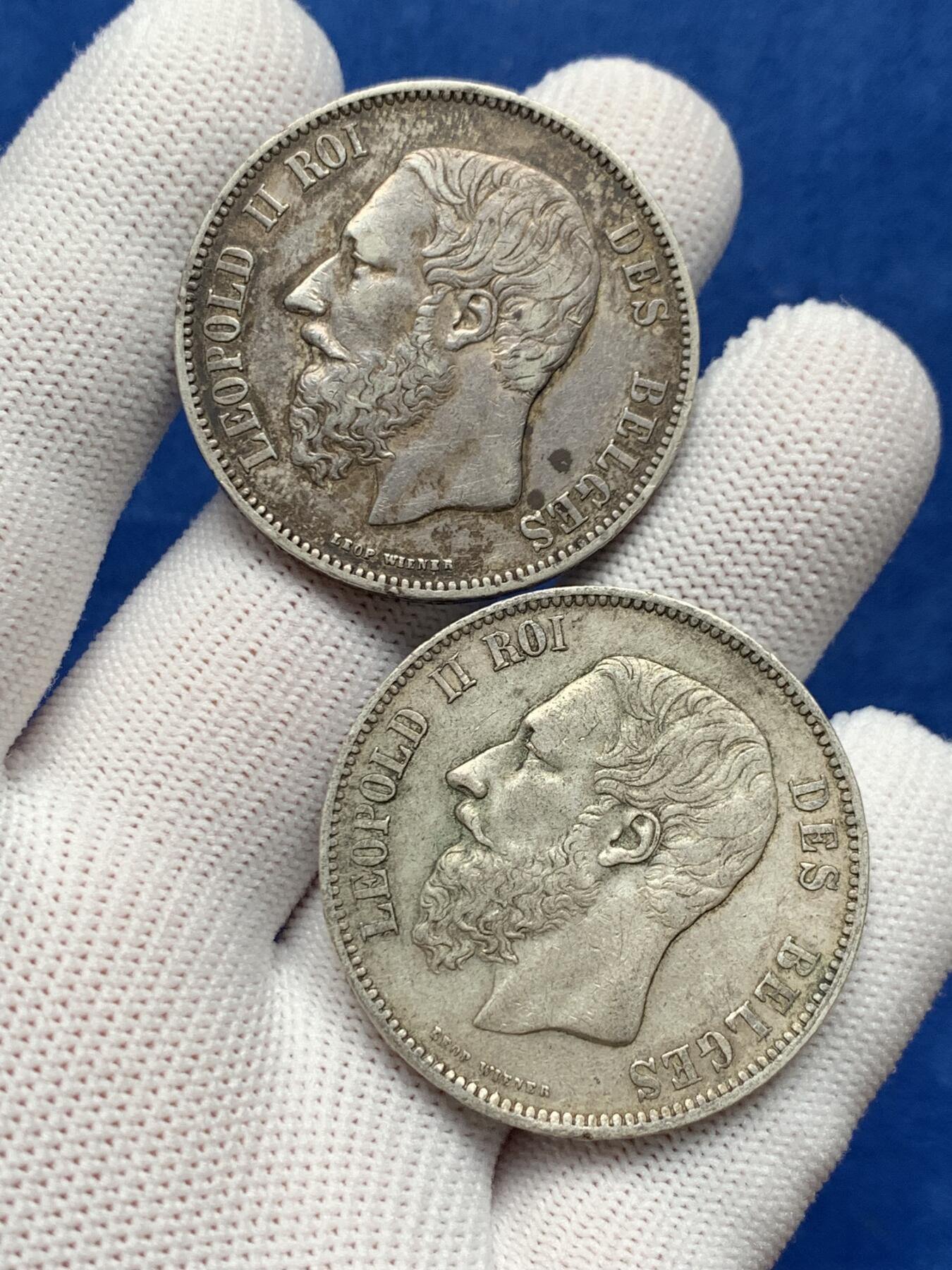 《竞宝斋》第276场- 周日，周一 2场连拍 （全场包邮） 两枚一组 比利时 1870+1873年 利奥波德二世 5法郎银币 流通状态 细节不错