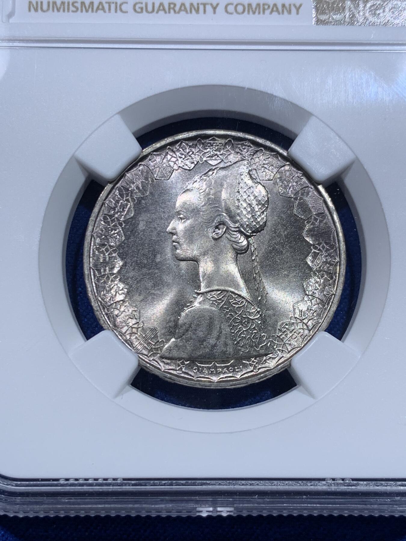 《竞宝斋》第276场- 周日，周一 2场连拍 （全场包邮） NGC MS66 意大利1970美女帆船500里拉银币 卷拆高分 紫罗兰包浆