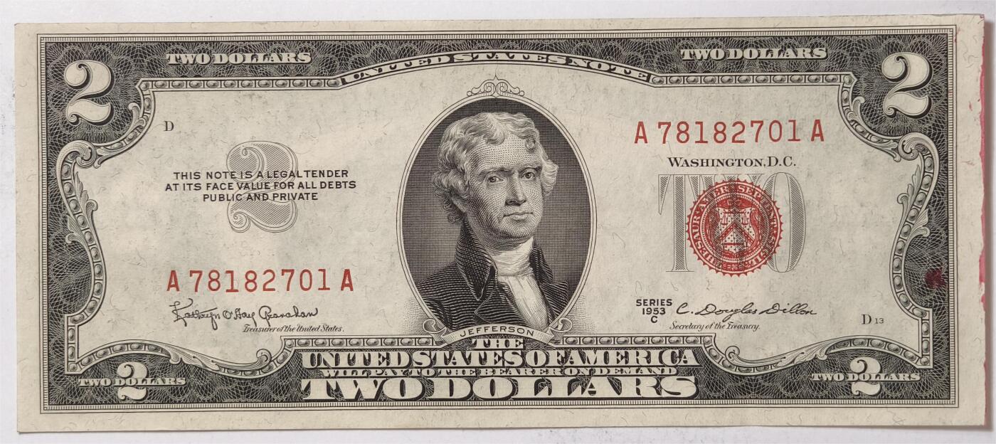 紫瑗钱币——第375期拍卖——纸币场 美国 1953年 C序列 托马斯·杰斐逊 2美元 红印 政府券 UNC-