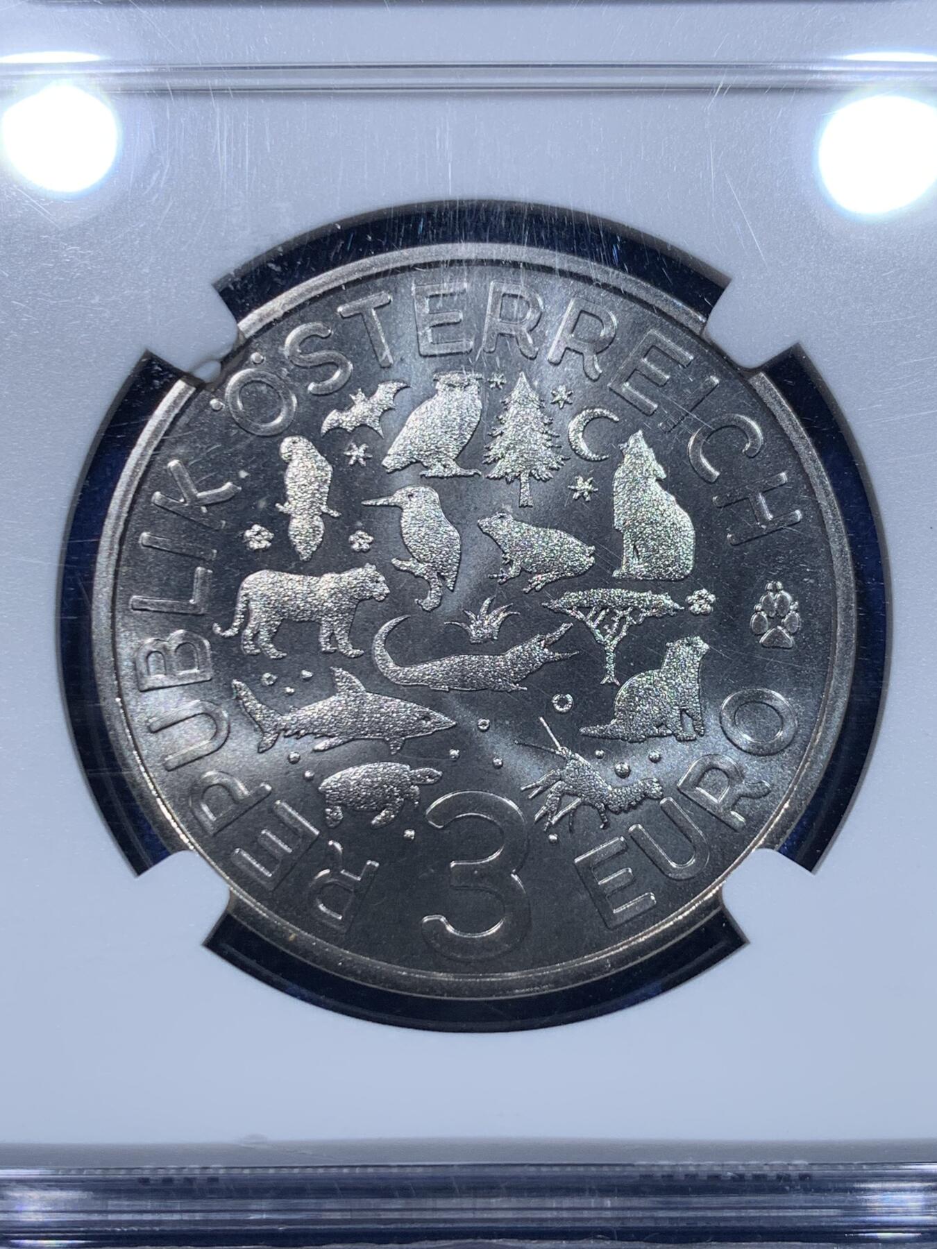 《竞宝斋》第276场- 周日，周一 2场连拍 （全场包邮） NGC MS70 奥地利2017年 多彩生物-夜间活动-翠鸟 3欧元夜光纪念币