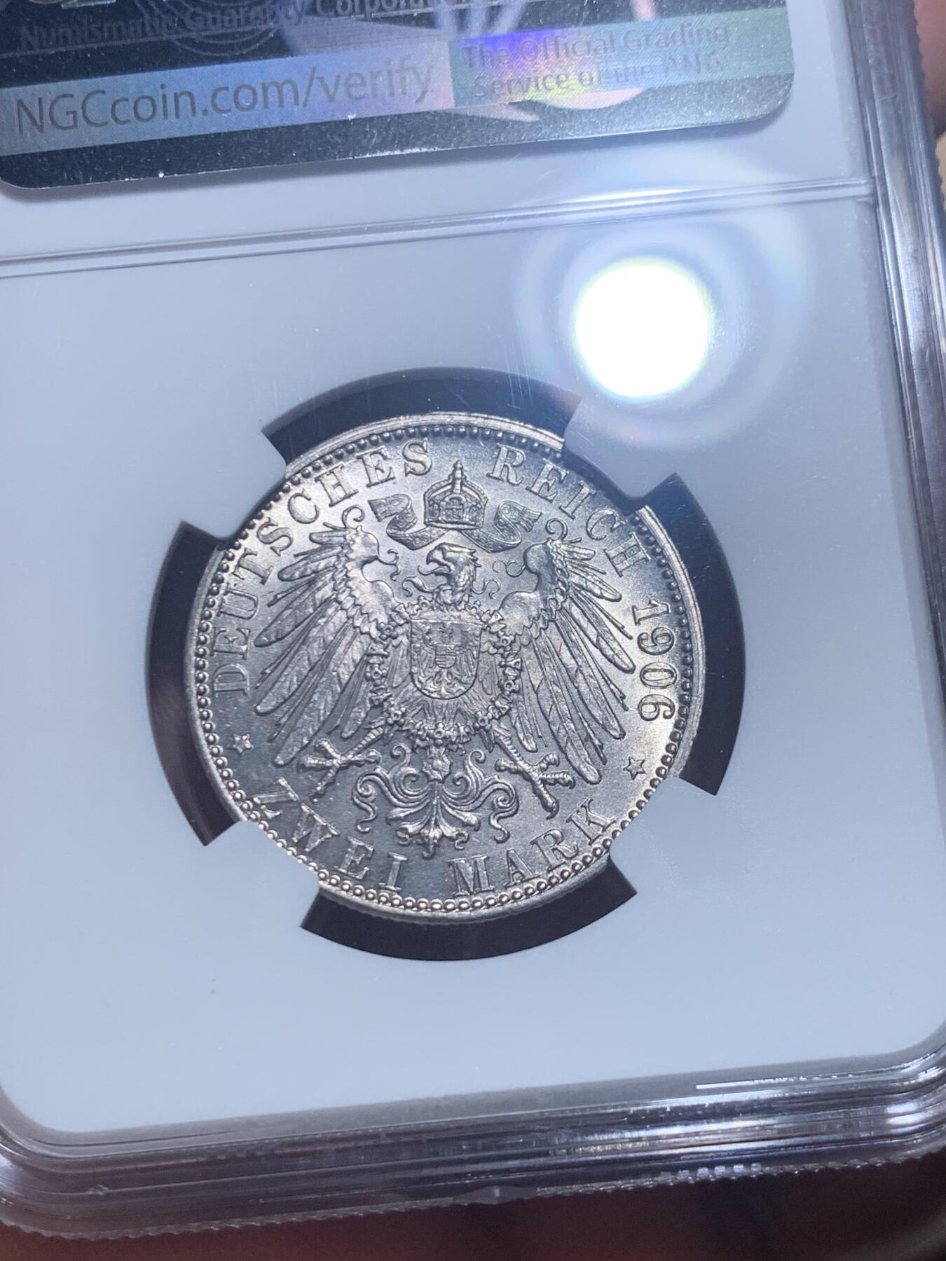 《竞宝斋》第276场- 周日，周一 2场连拍 （全场包邮） NGC MS62 德国1906年巴登金婚2马克银币 原味包浆