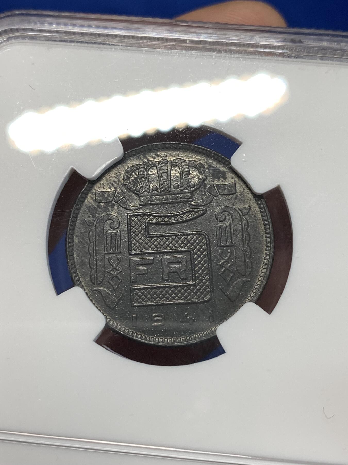 《竞宝斋》第276场- 周日，周一 2场连拍 （全场包邮） NGC MS62 比利时1941年利奥波德三世国王5法郎锌币