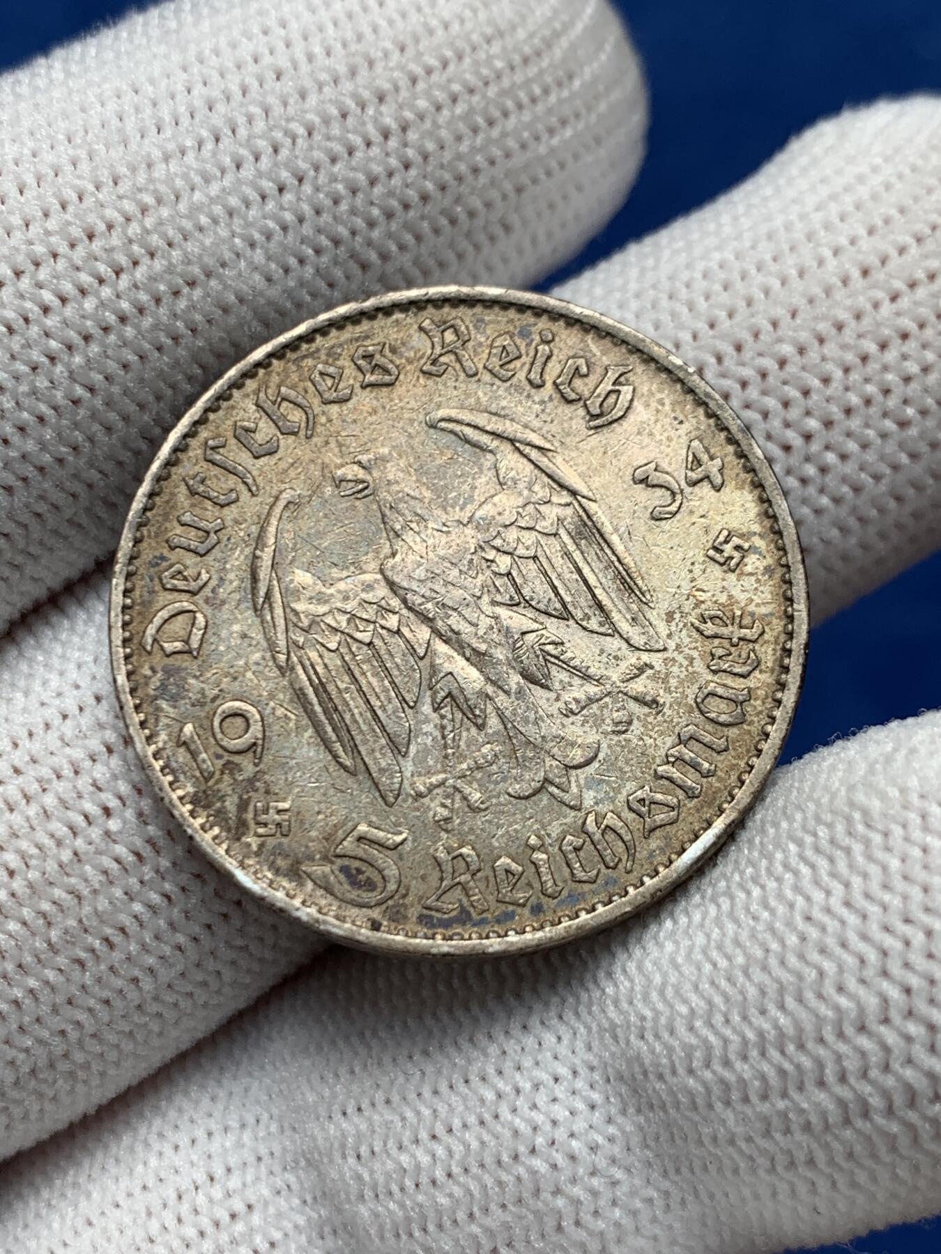 《竞宝斋》第276场- 周日，周一 2场连拍 （全场包邮） 1934年德国教堂5马克银币 双面重彩 细节见图