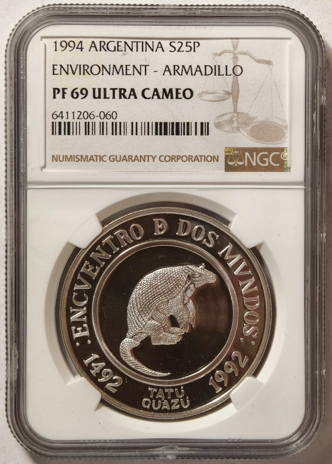紫瑗钱币——第362期拍卖 阿根廷 1994年 环境保护 巨型犰狳 25比索 PF69 UC