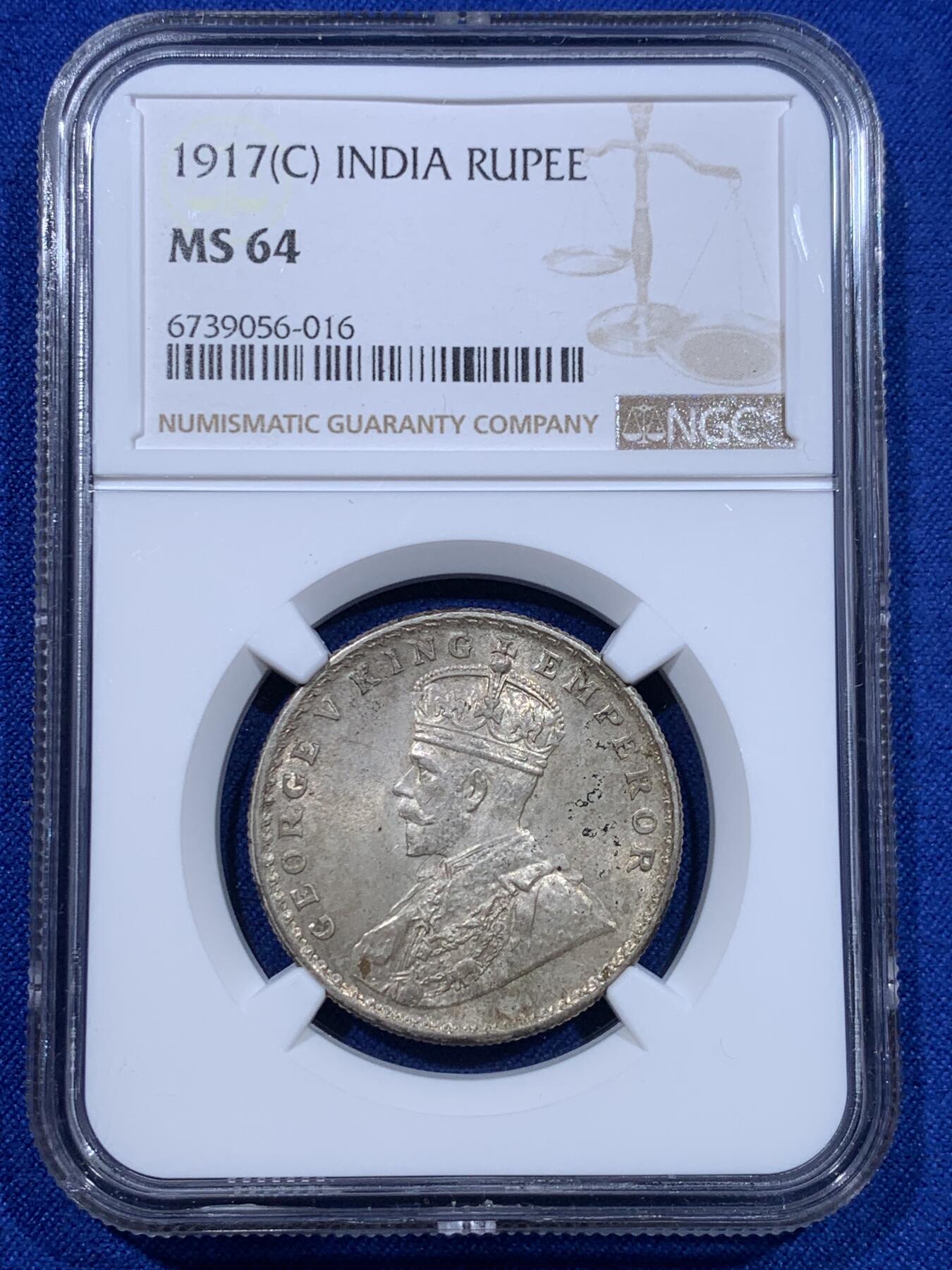 《竞宝斋》第276场- 周日，周一 2场连拍 （全场包邮） NGC MS64 英属印度1917C乔治五世银卢比，原味淡彩，非白币可比。高分稀少，更高分仅6枚。英系+亚殖主币，高分潜力品种