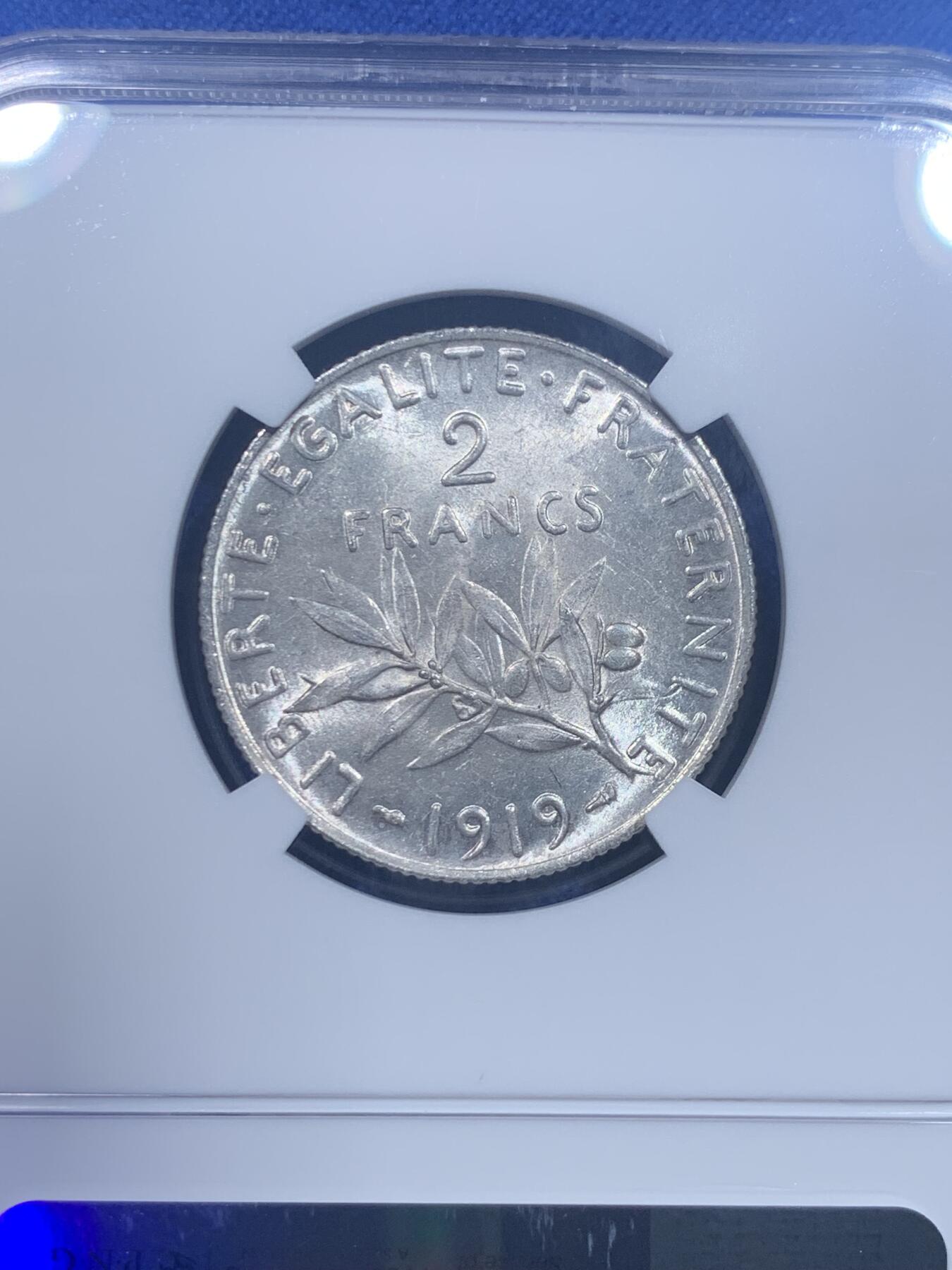 《竞宝斋》第276场- 周日，周一 2场连拍 （全场包邮） NGC MS63 法国1919年播种女神2法郎银币